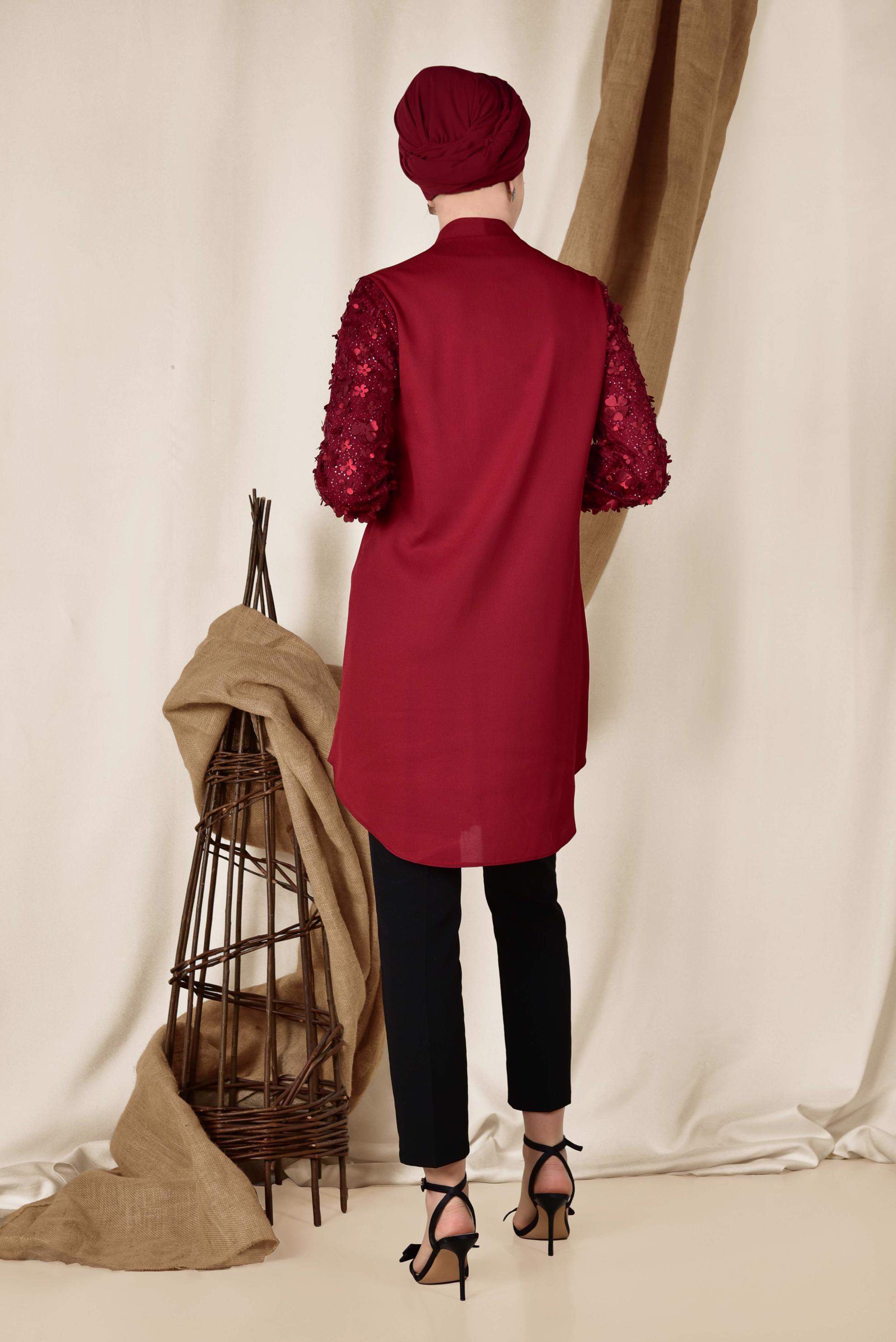 Tesettür giyim BORDO KOLLARI ÜÇ BOYUTLU ÇİÇEK DETAYLI TUNİK 4131