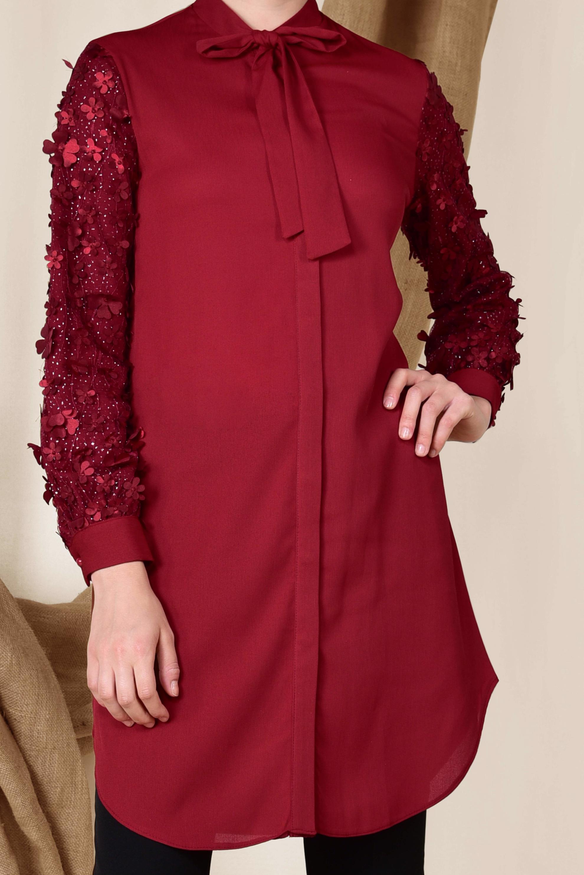 Tesettür giyim BORDO KOLLARI ÜÇ BOYUTLU ÇİÇEK DETAYLI TUNİK 4131