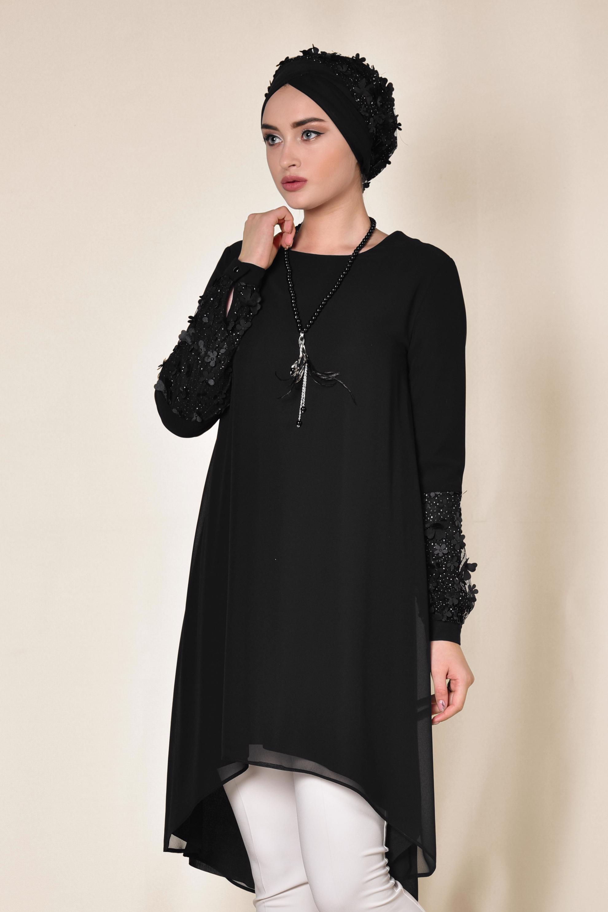 Tesettür giyim SİYAH 3 BOYUTLU ÇİÇEK DETAYLI TUNİK 4132