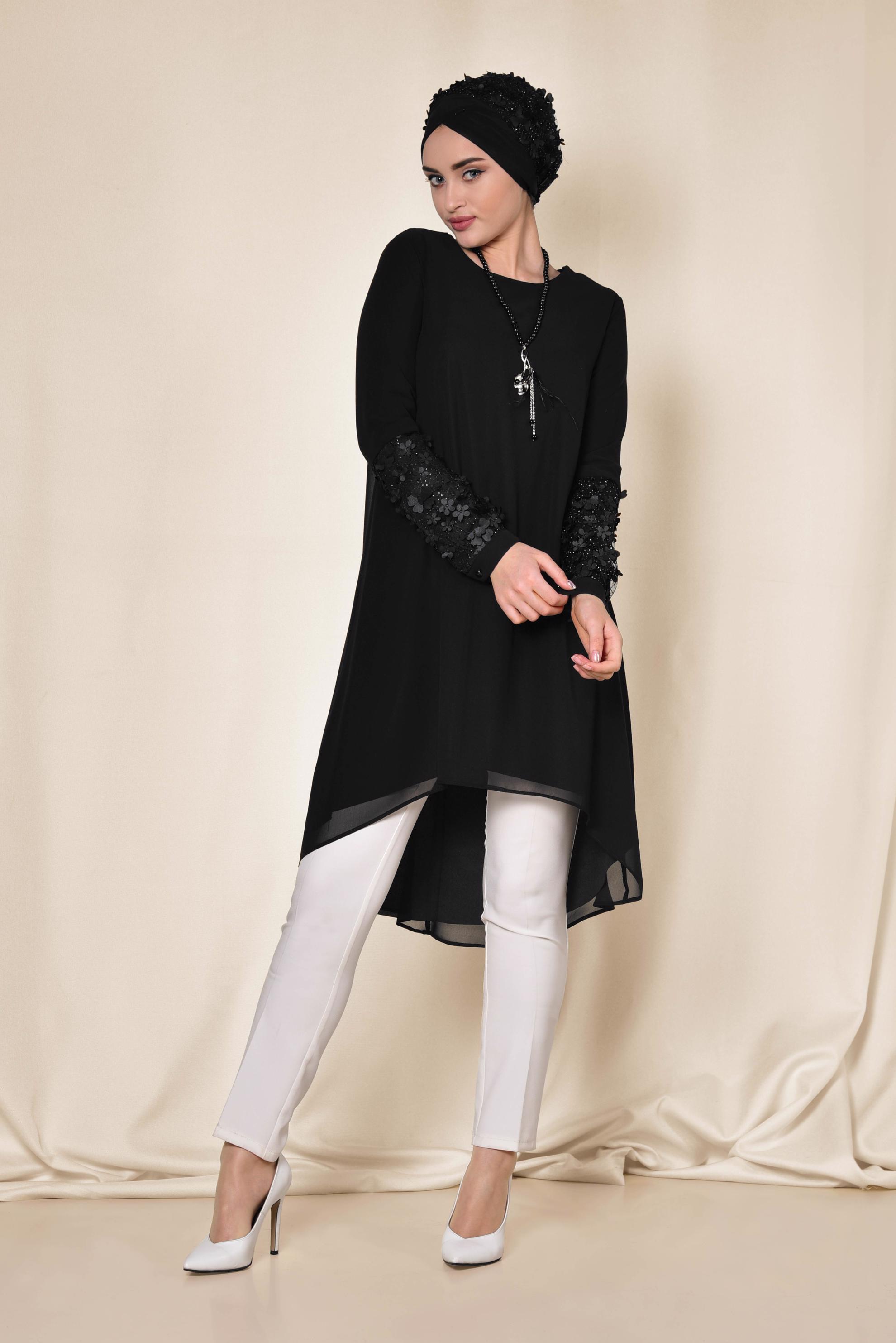 Tesettür giyim SİYAH 3 BOYUTLU ÇİÇEK DETAYLI TUNİK 4132