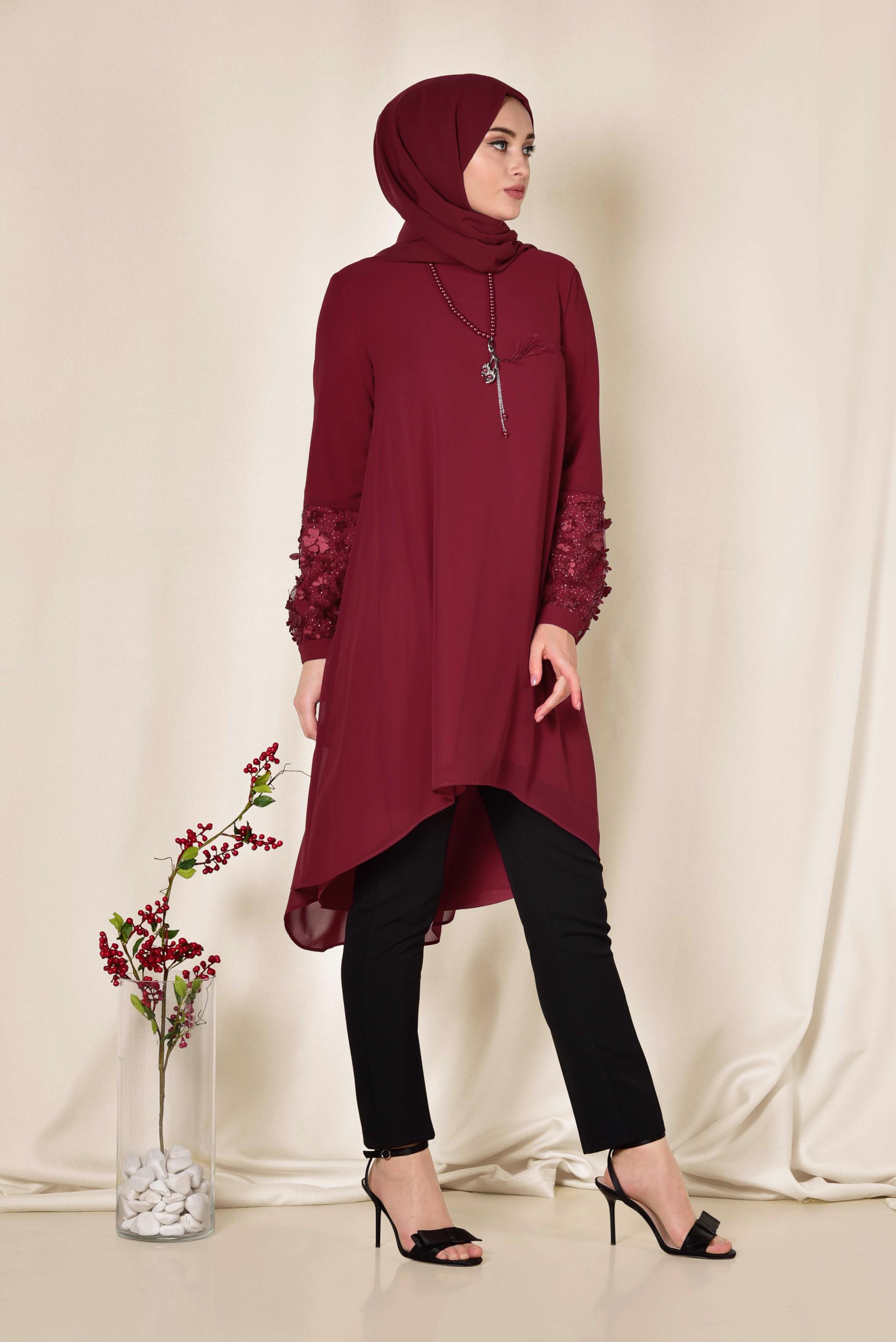 Tesettür giyim BORDO 3 BOYUTLU ÇİÇEK DETAYLI TUNİK 4132