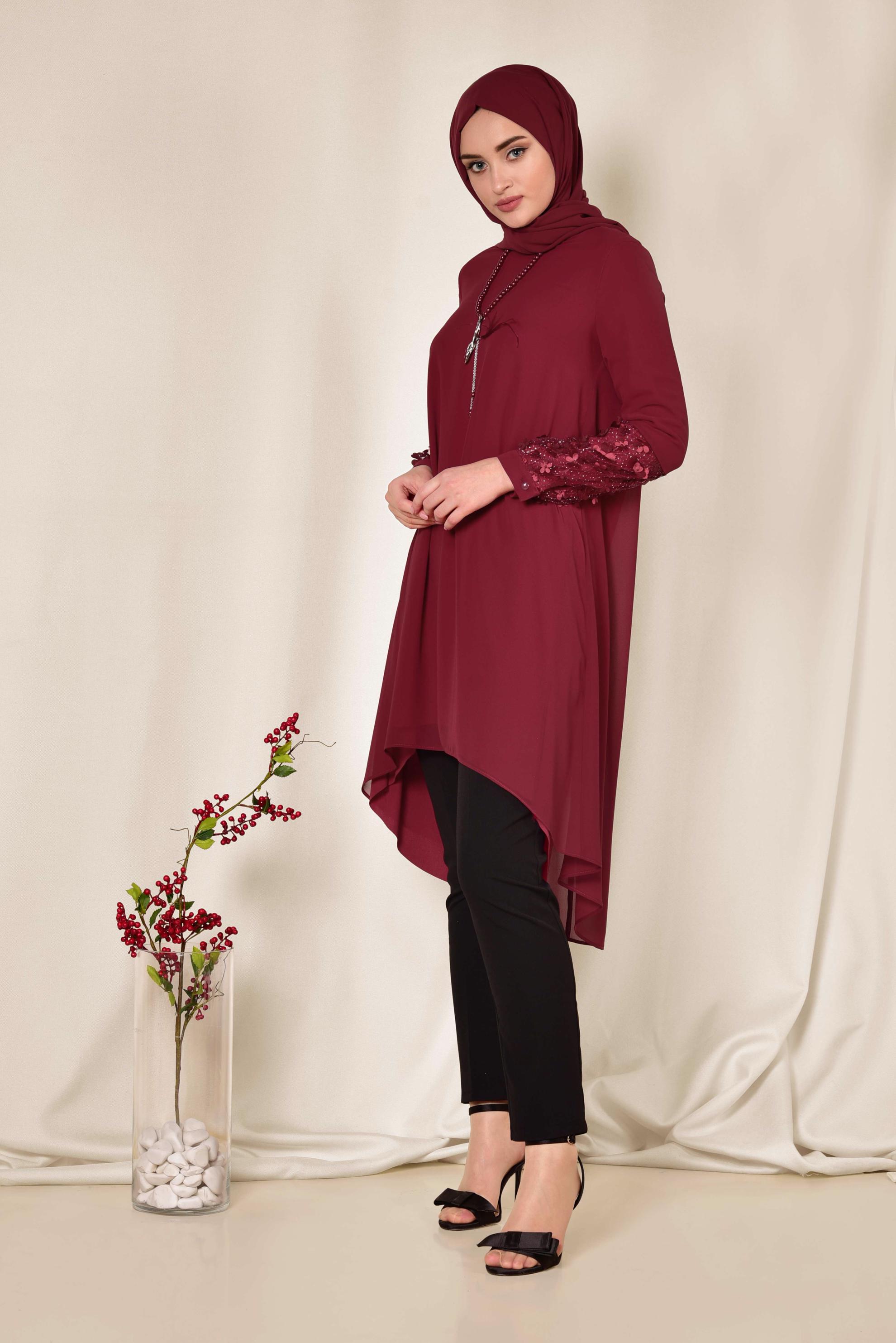 Tesettür giyim BORDO 3 BOYUTLU ÇİÇEK DETAYLI TUNİK 4132