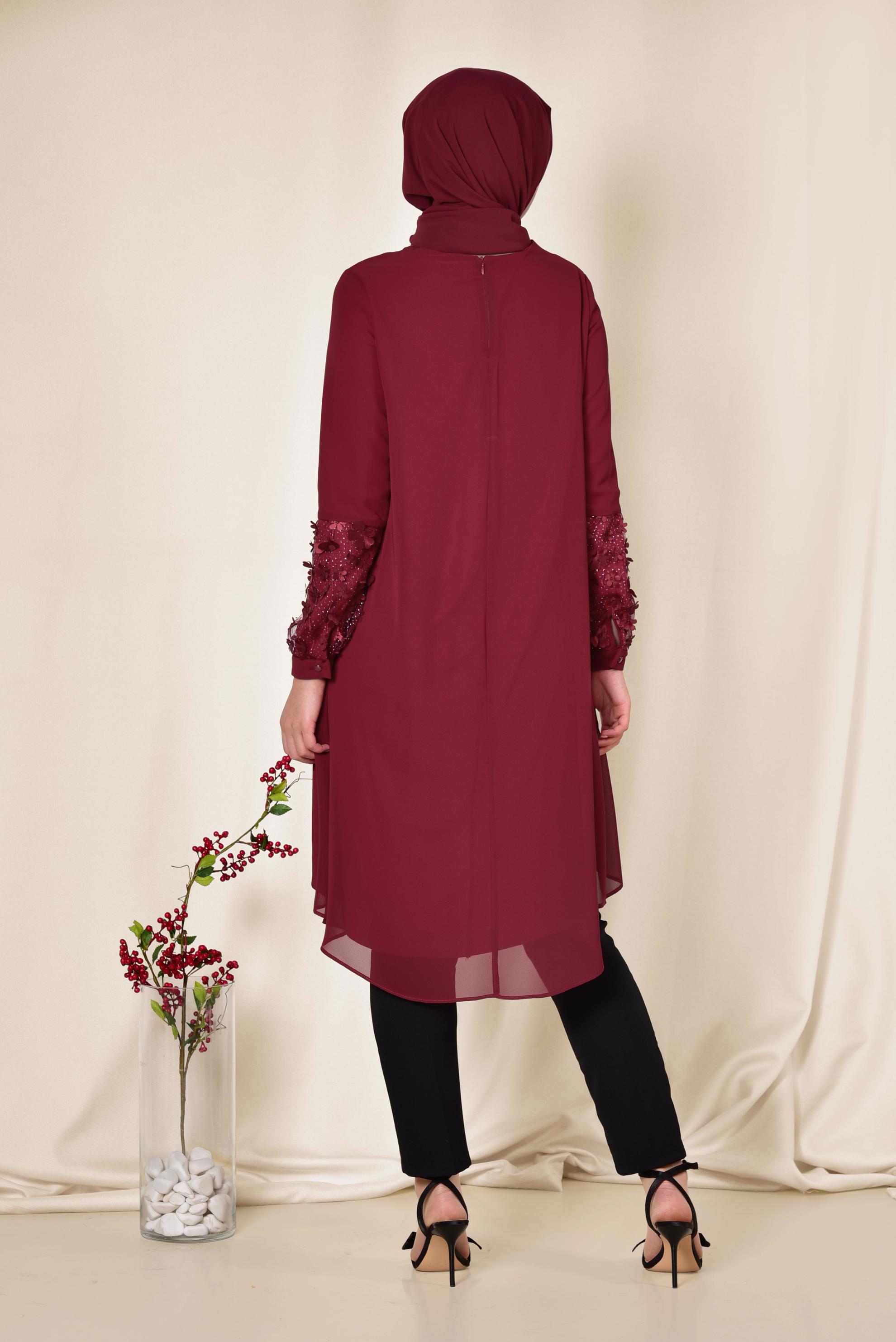 Tesettür giyim BORDO 3 BOYUTLU ÇİÇEK DETAYLI TUNİK 4132