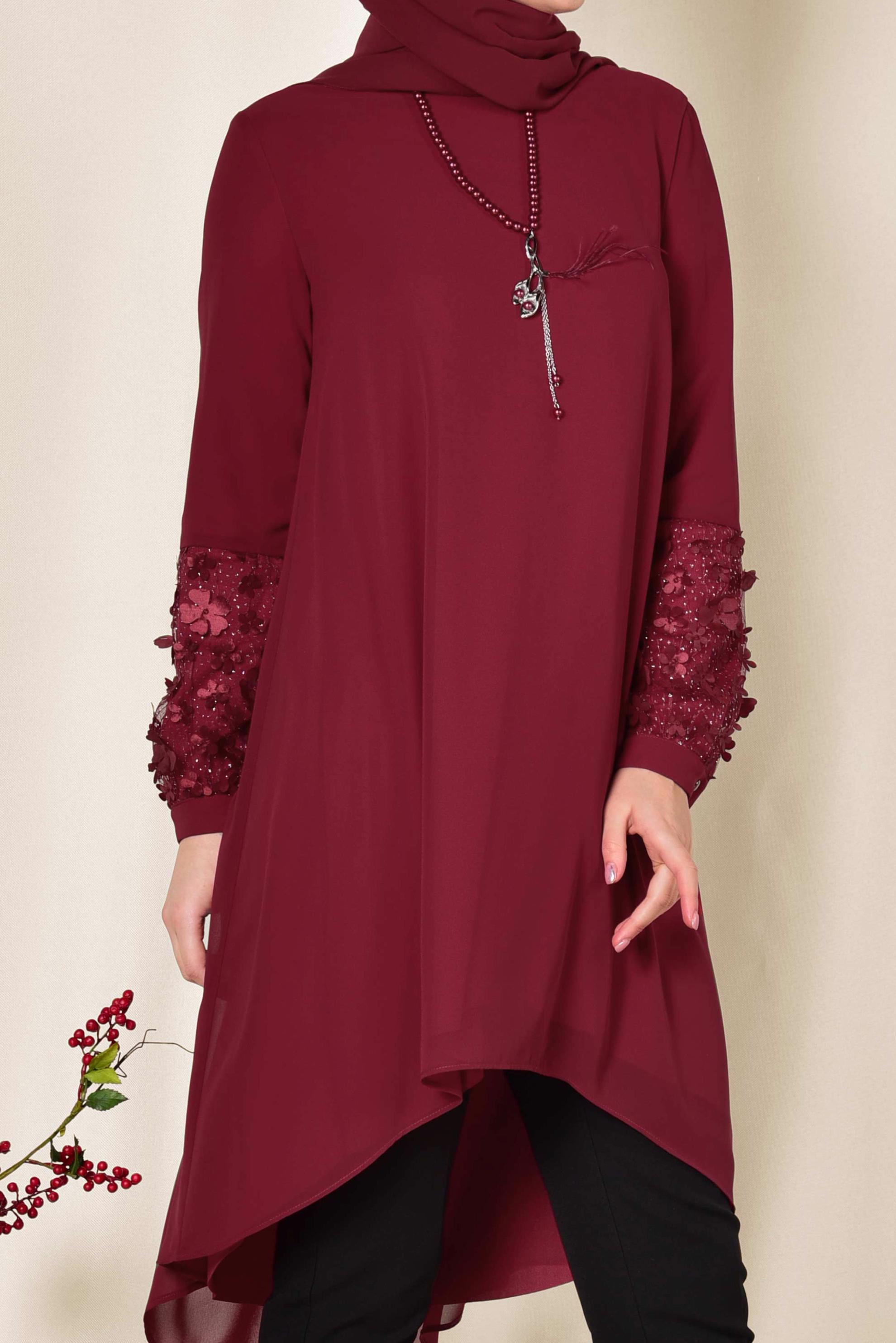 Tesettür giyim BORDO 3 BOYUTLU ÇİÇEK DETAYLI TUNİK 4132