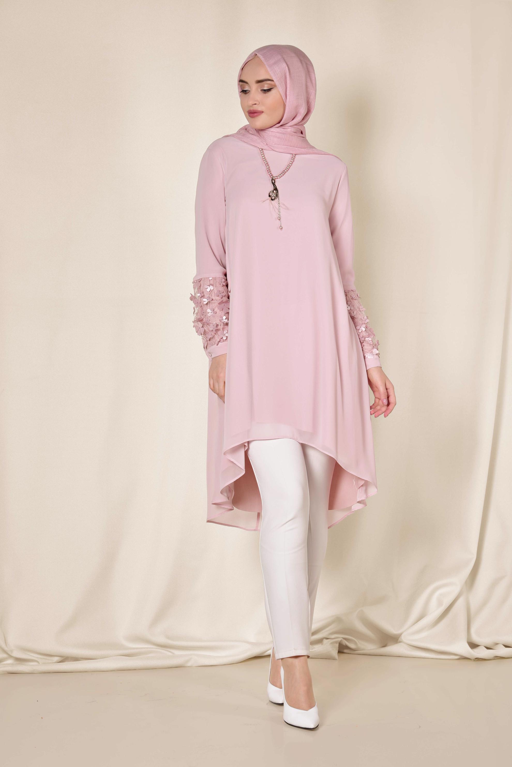 Tesettür giyim PUDRA 3 BOYUTLU ÇİÇEK DETAYLI TUNİK 4132