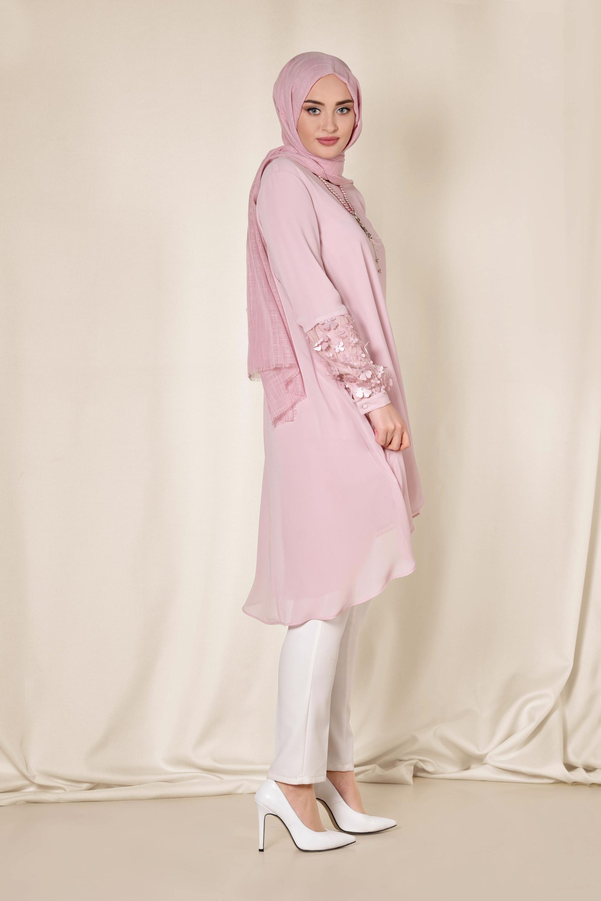 Tesettür giyim PUDRA 3 BOYUTLU ÇİÇEK DETAYLI TUNİK 4132