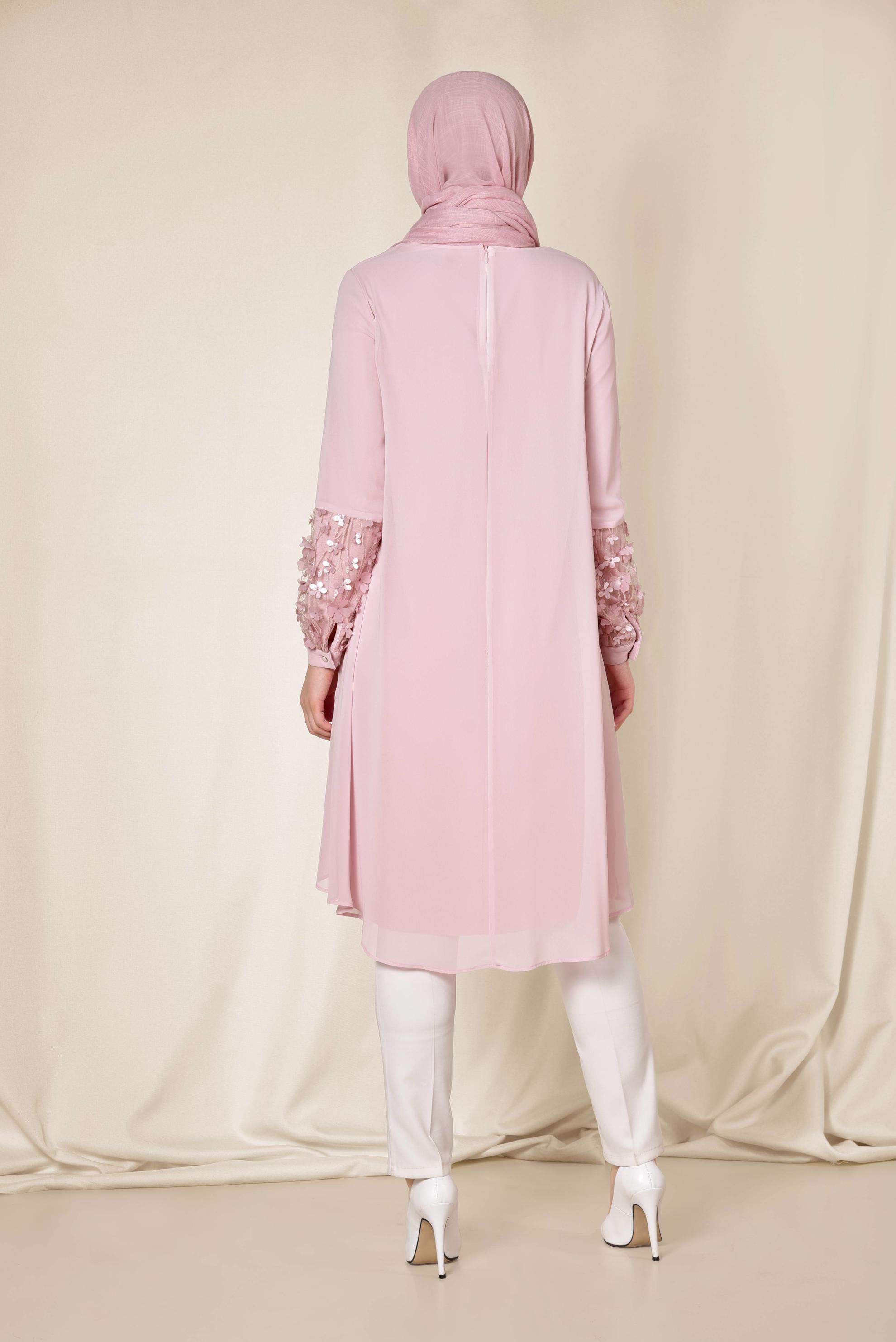 Tesettür giyim PUDRA 3 BOYUTLU ÇİÇEK DETAYLI TUNİK 4132