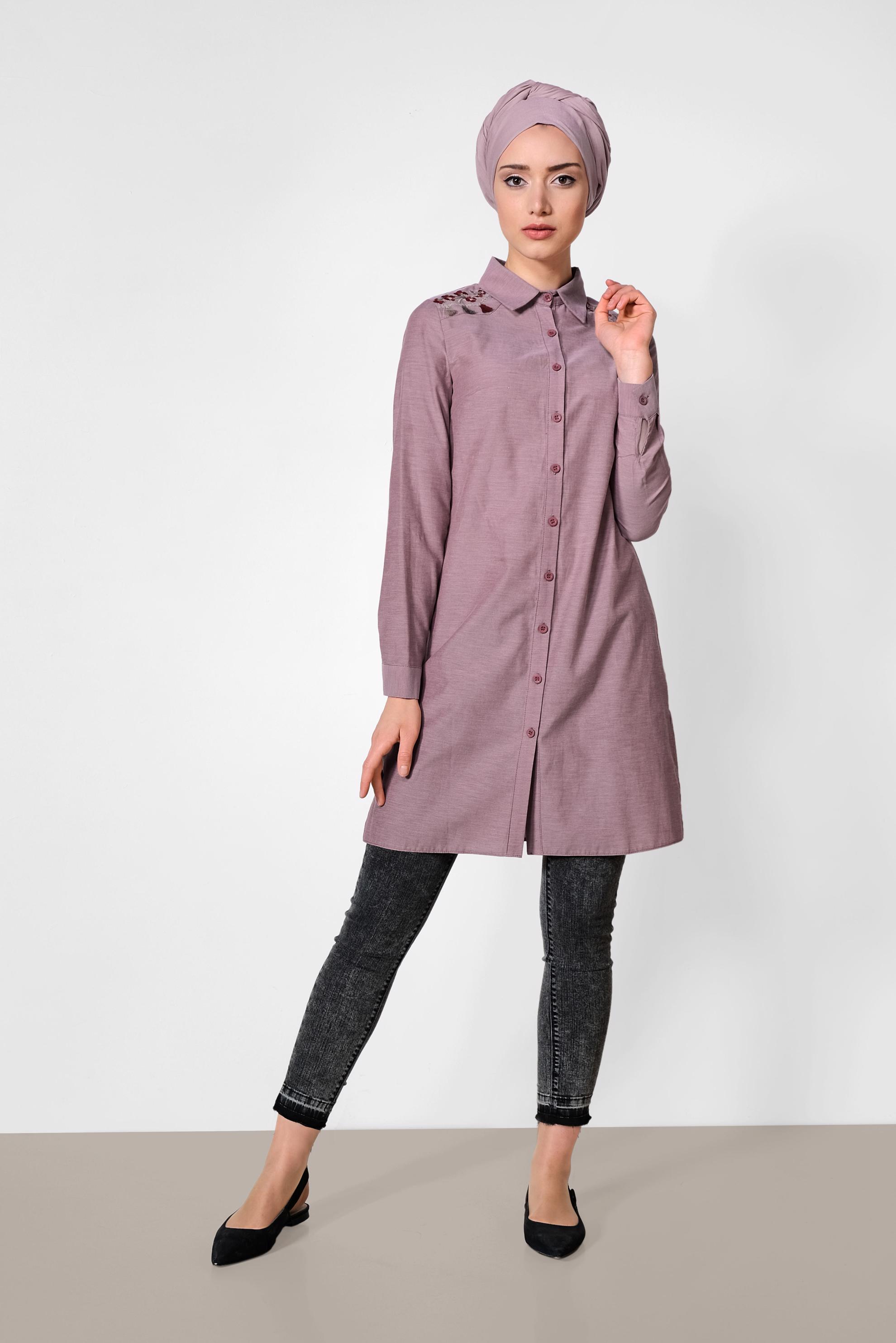 Tesettür giyim BORDO OMUZLARI NAKIŞLI TUNİK 4142