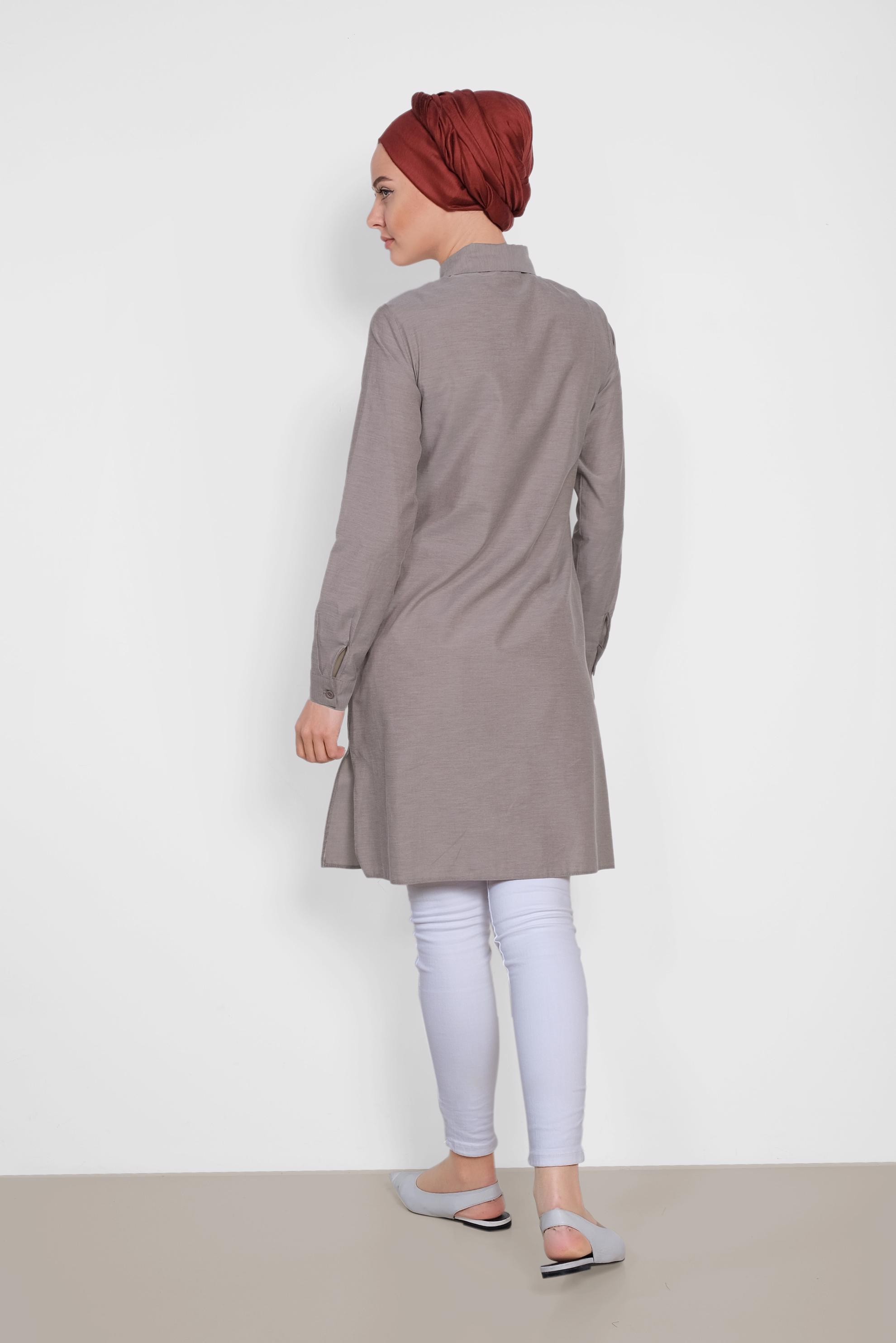 Tesettür giyim KAHVE OMUZLARI NAKIŞLI TUNİK 4142