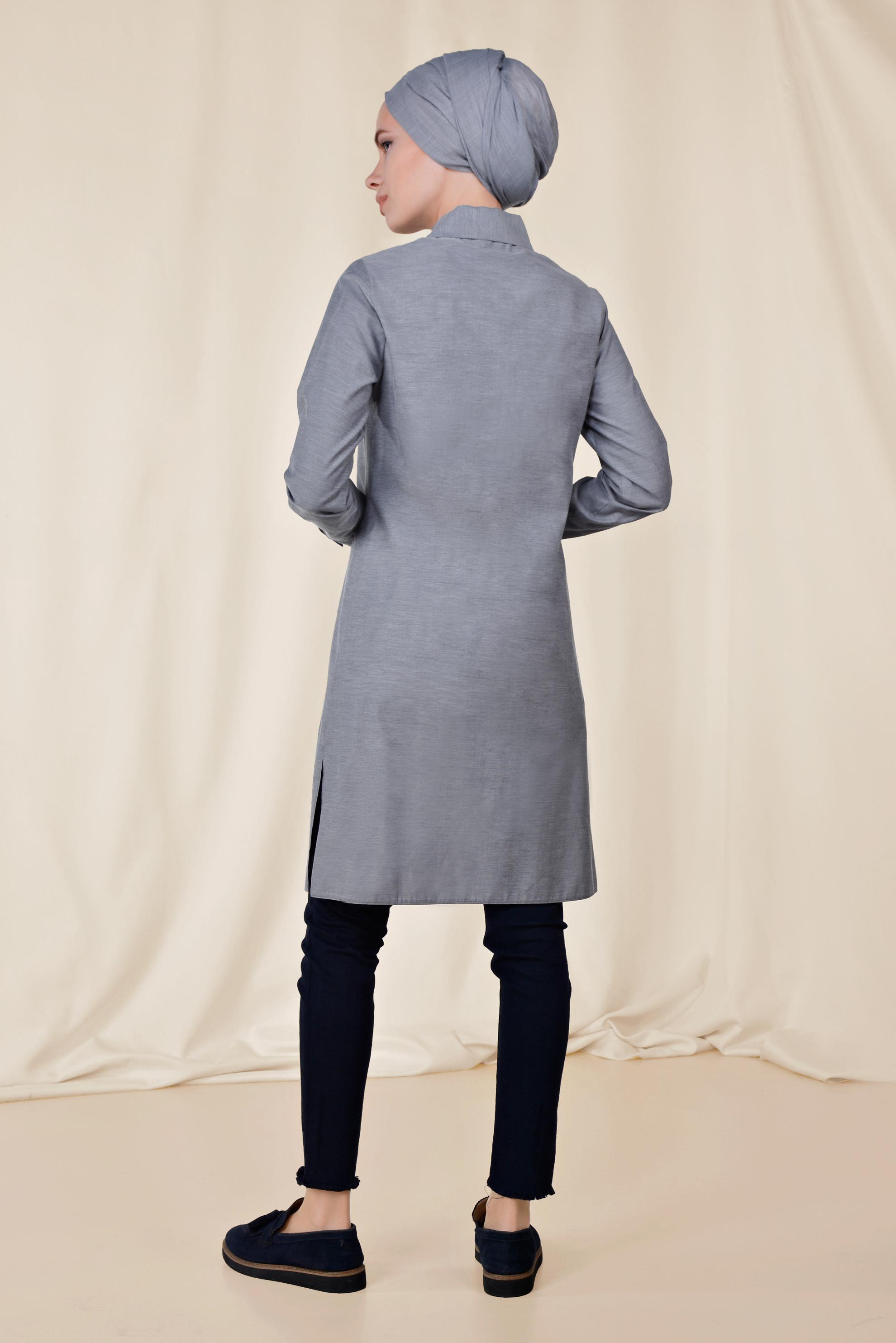 Tesettür giyim LACİVERT OMUZLARI NAKIŞLI TUNİK 4142