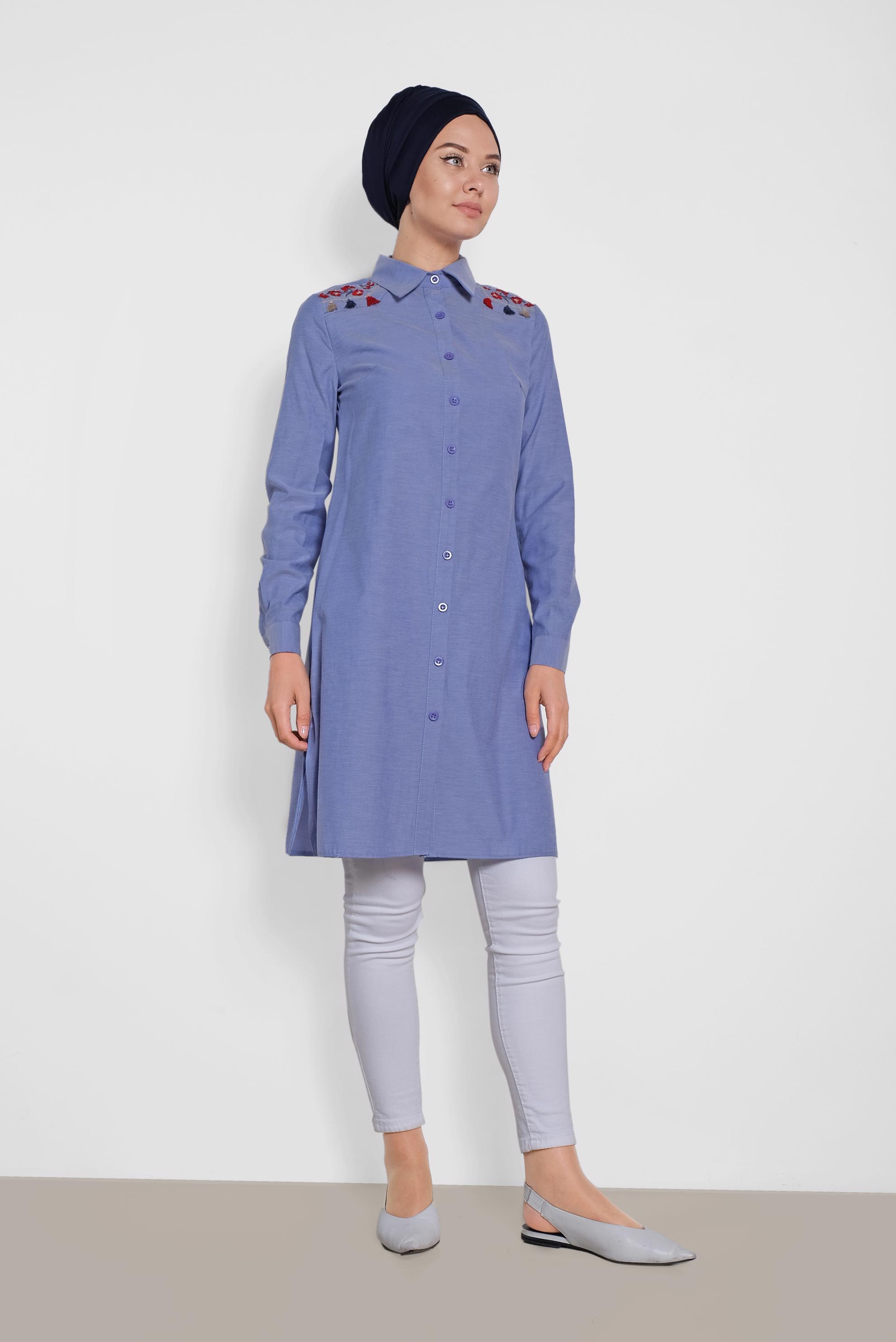 Tesettür giyim LACİVERT OMUZLARI NAKIŞLI TUNİK 4142