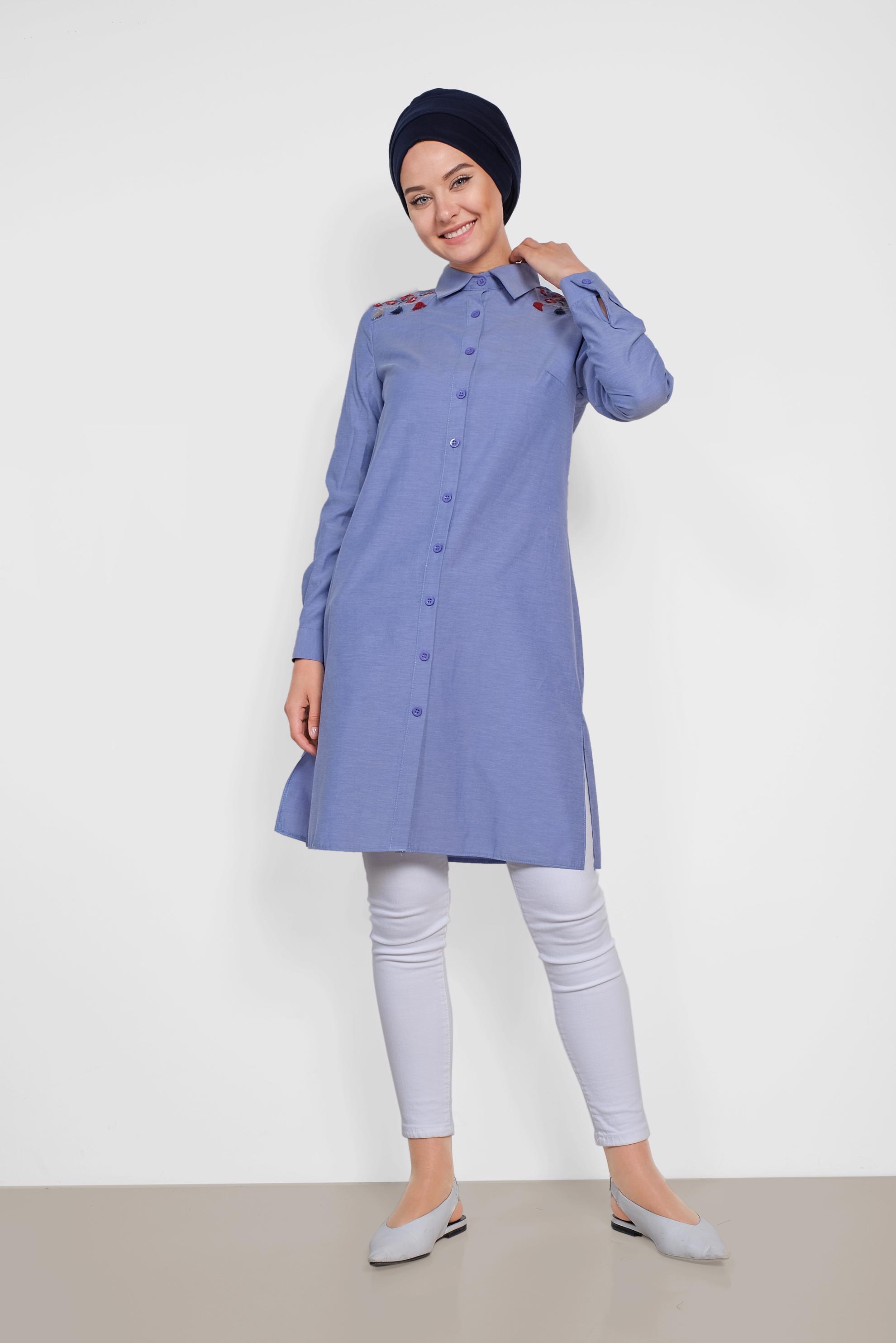 Tesettür giyim LACİVERT OMUZLARI NAKIŞLI TUNİK 4142