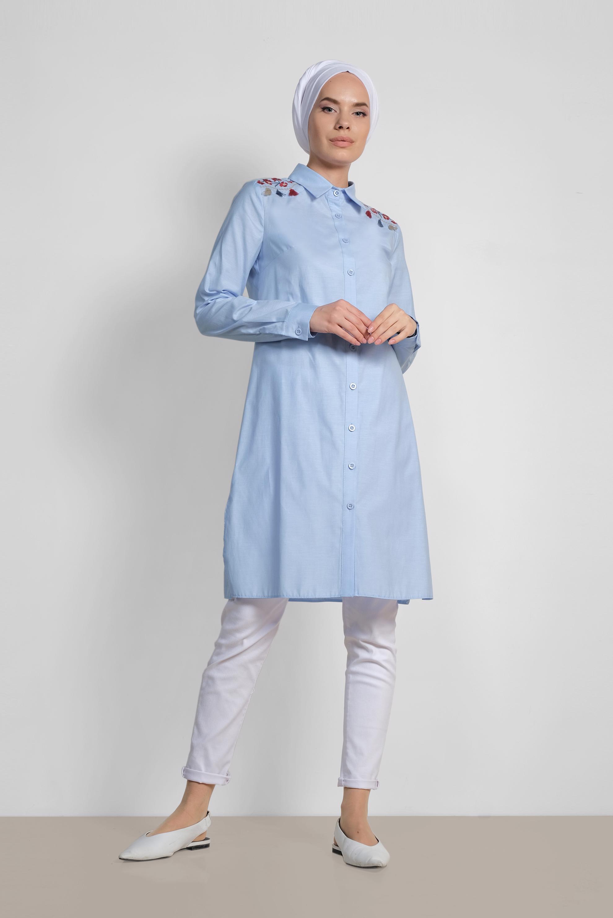 Tesettür giyim MAVİ OMUZLARI NAKIŞLI TUNİK 4142