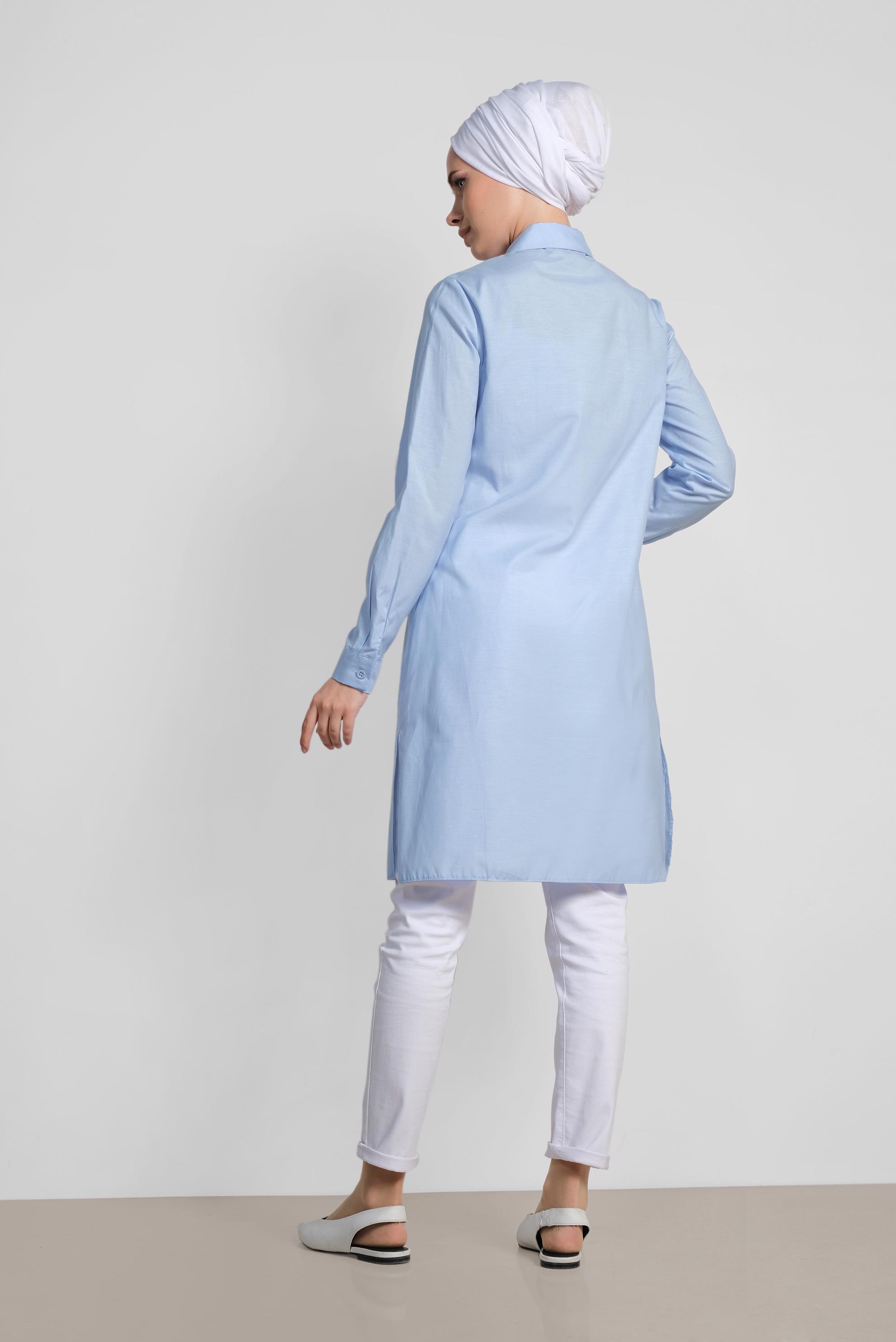 Tesettür giyim MAVİ OMUZLARI NAKIŞLI TUNİK 4142