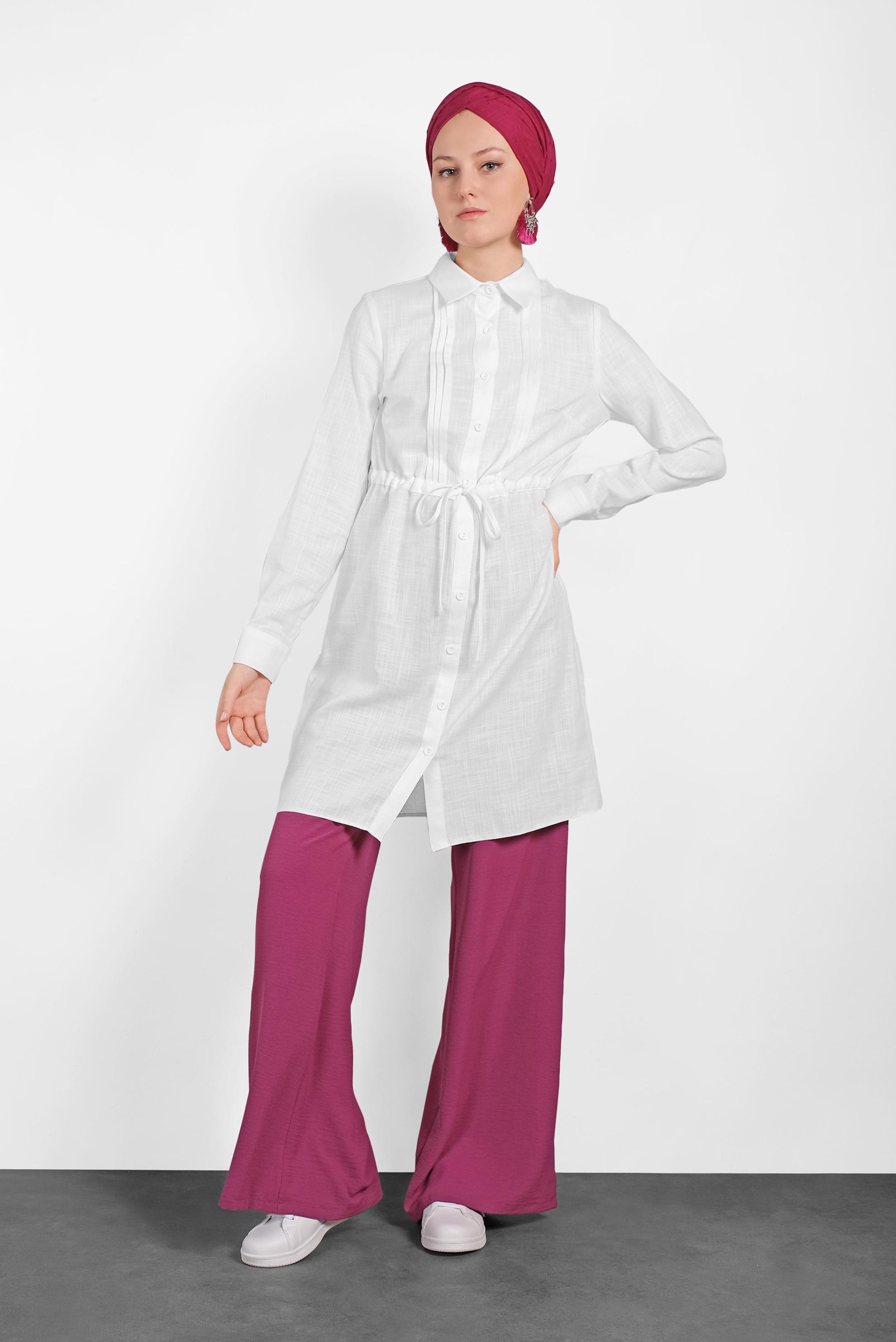 Tesettür giyim BEYAZ BELİ BÜZGÜLÜ TUNİK 4147