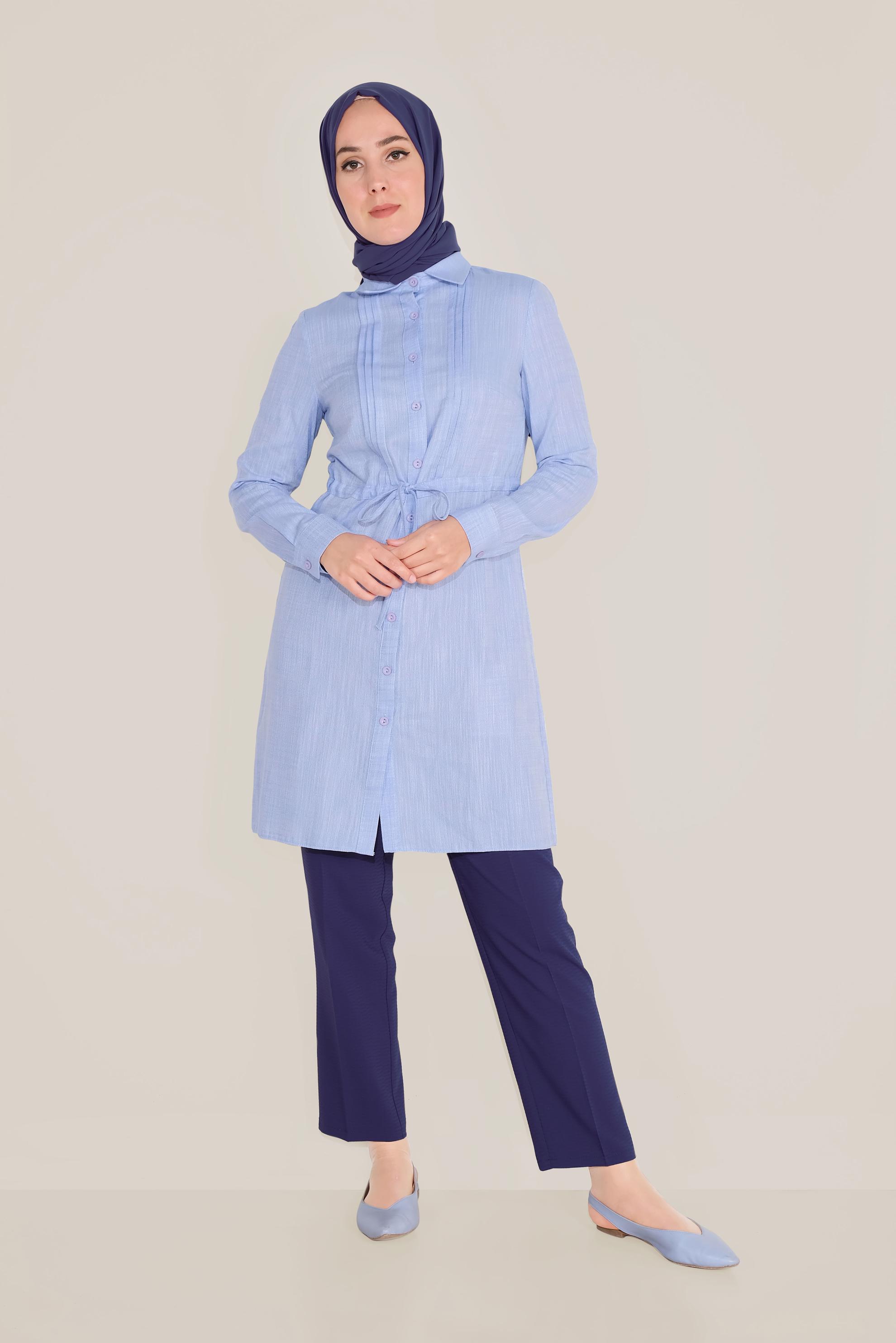 Tesettür giyim MAVİ BELİ BÜZGÜLÜ TUNİK 4147