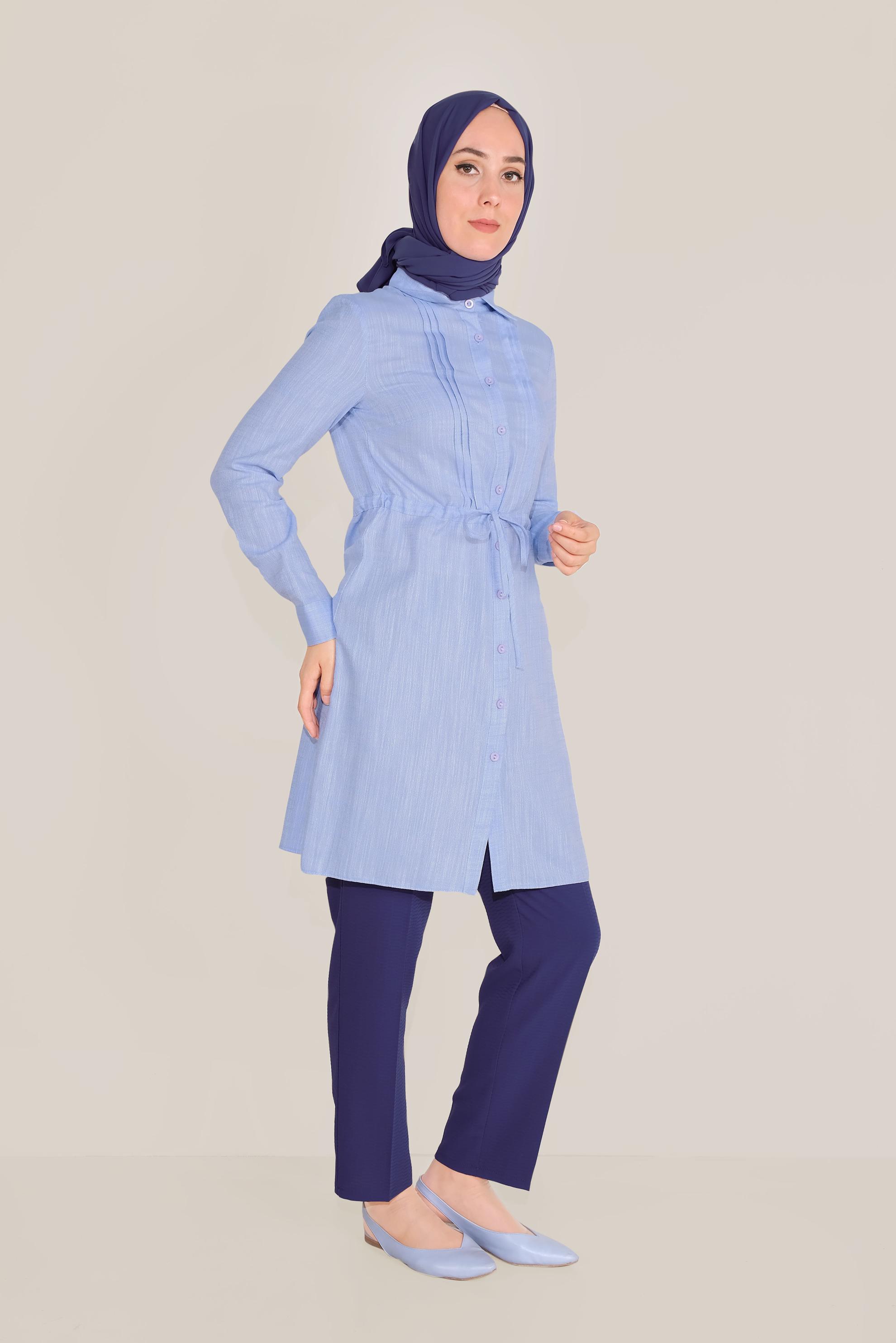 Tesettür giyim MAVİ BELİ BÜZGÜLÜ TUNİK 4147