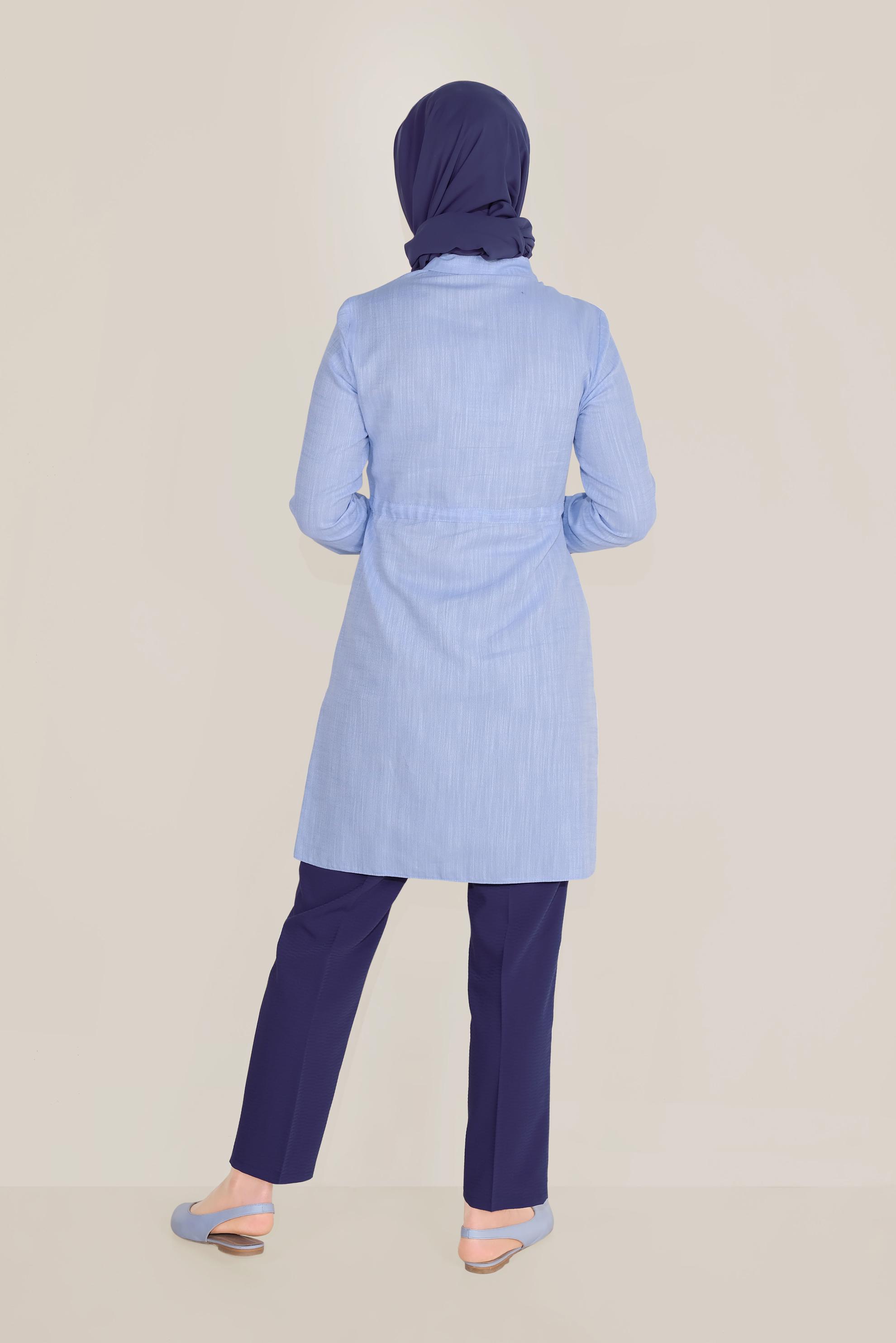 Tesettür giyim MAVİ BELİ BÜZGÜLÜ TUNİK 4147