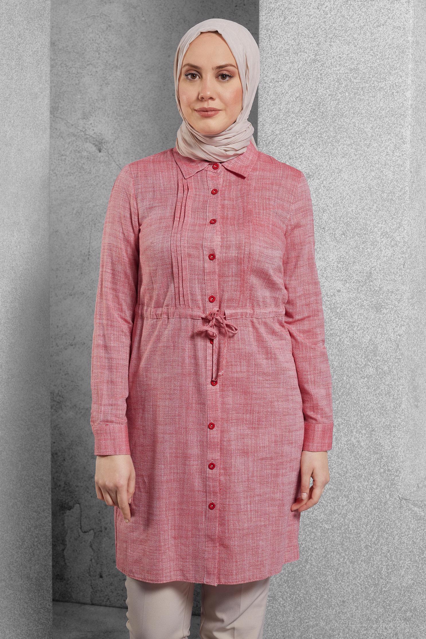 Tesettür giyim KIRMIZI BELİ BÜZGÜLÜ TUNİK 4147