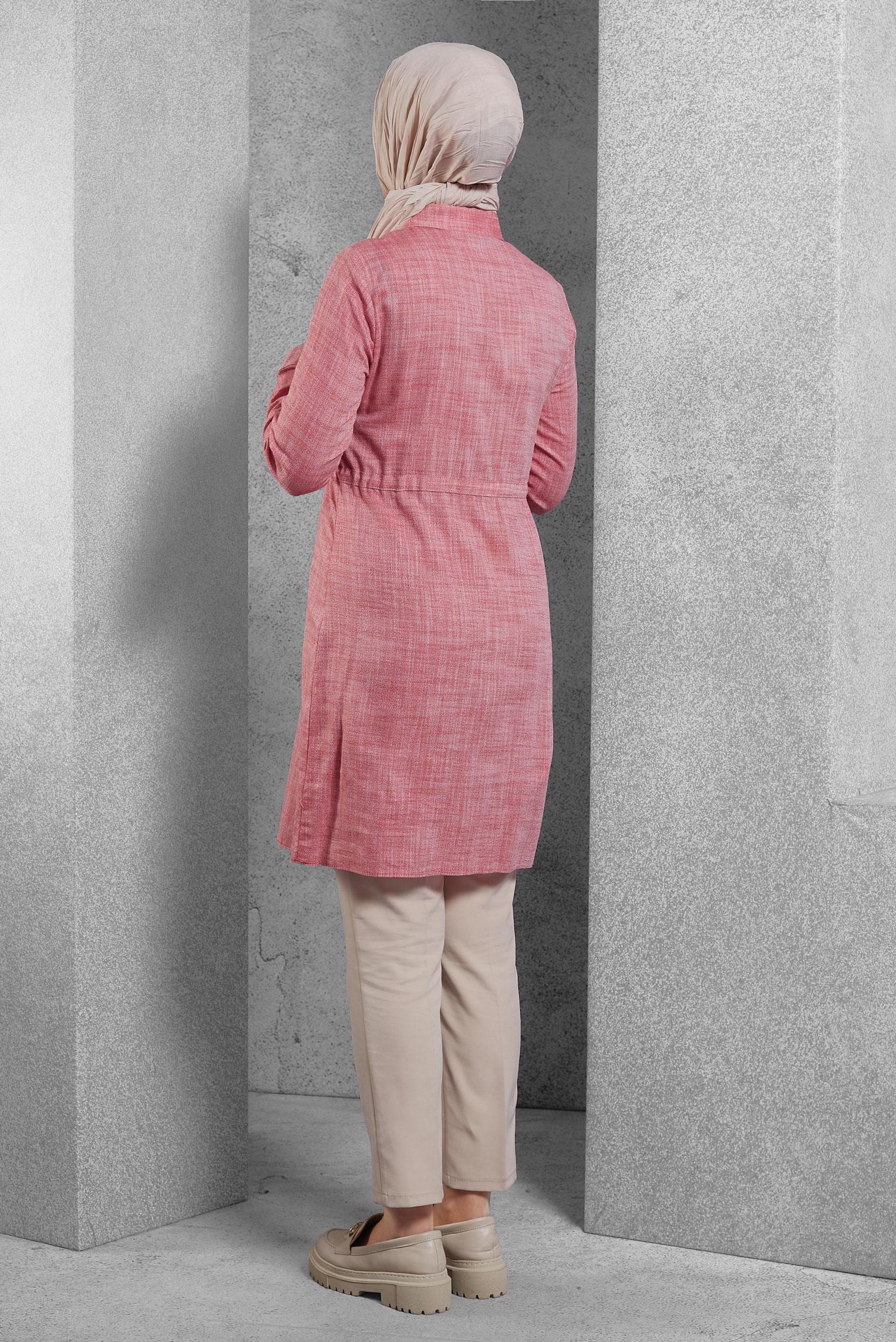 Tesettür giyim KIRMIZI BELİ BÜZGÜLÜ TUNİK 4147