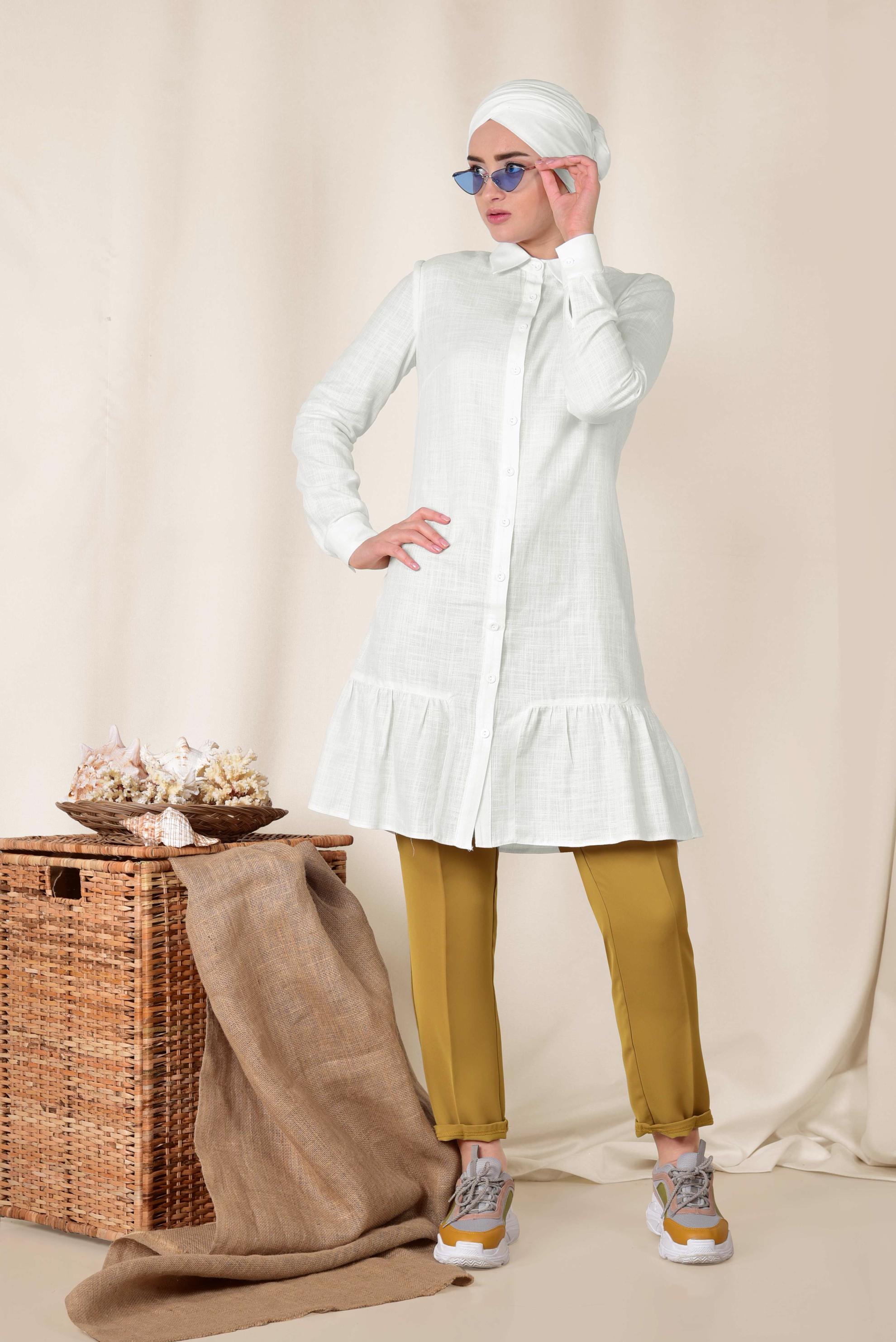 Tesettür giyim BEYAZ ETEK UCU VOLANLI PAMUKLU TUNİK 4148