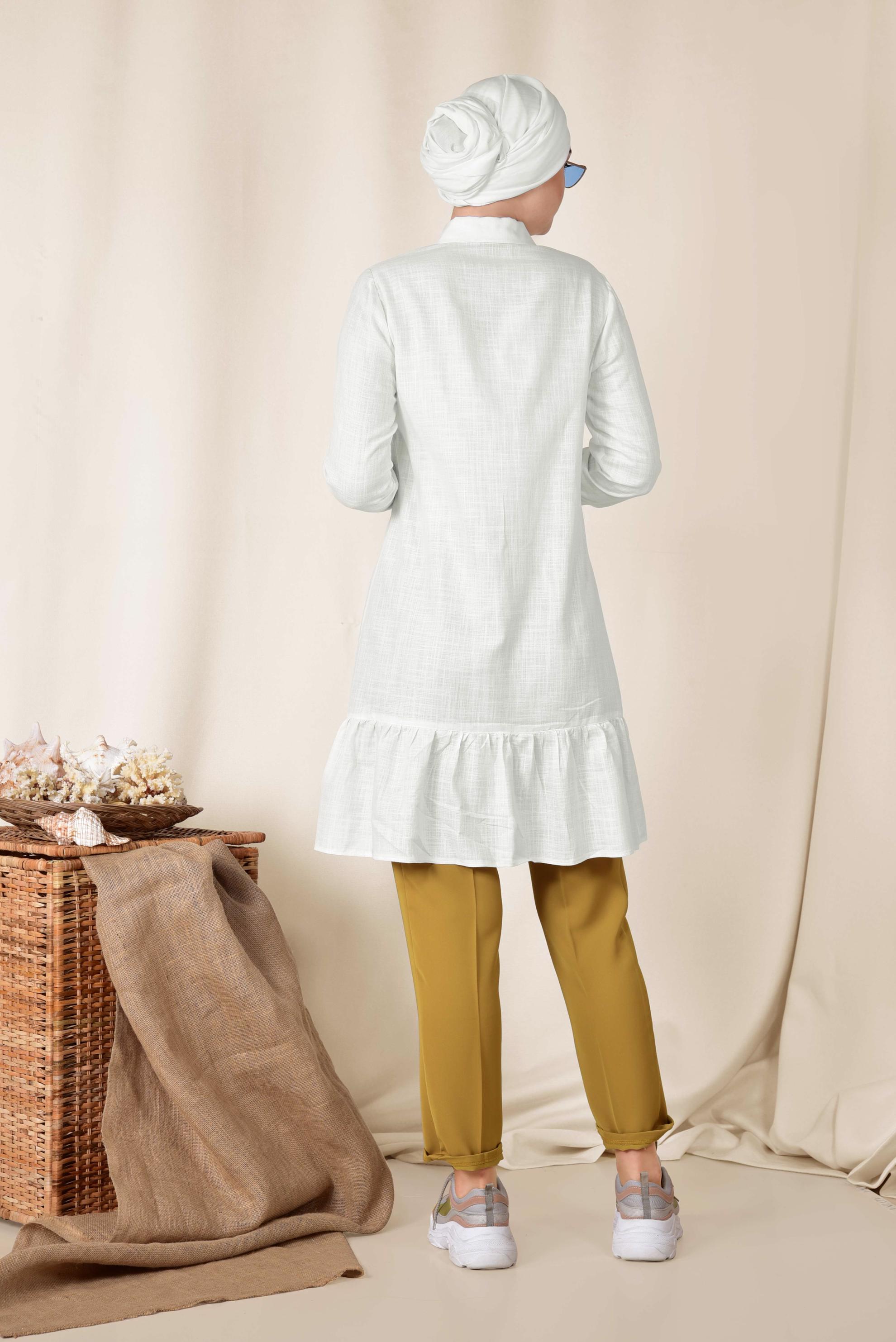 Tesettür giyim BEYAZ ETEK UCU VOLANLI PAMUKLU TUNİK 4148