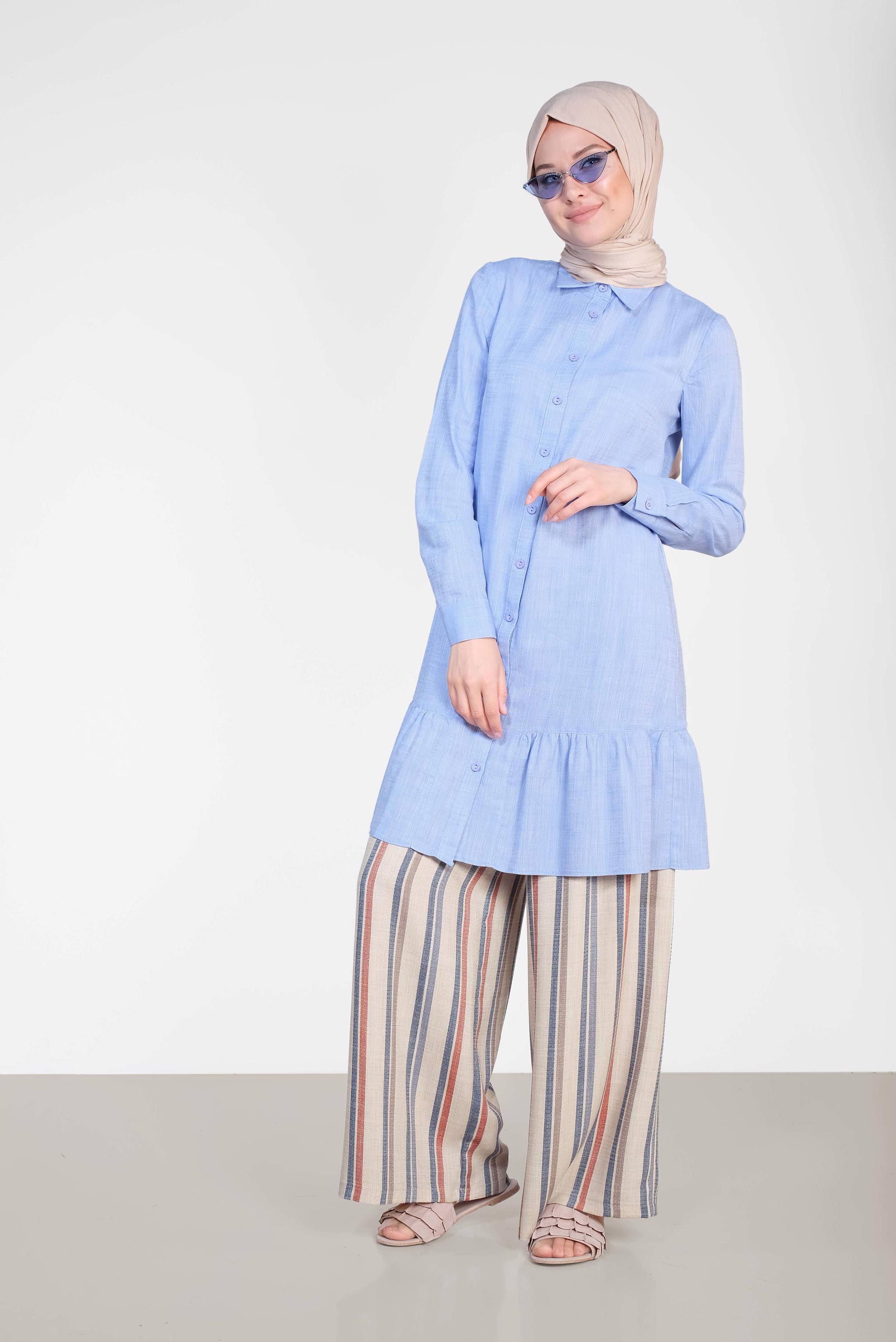 Tesettür giyim MAVİ ETEK UCU VOLANLI PAMUKLU TUNİK 4148