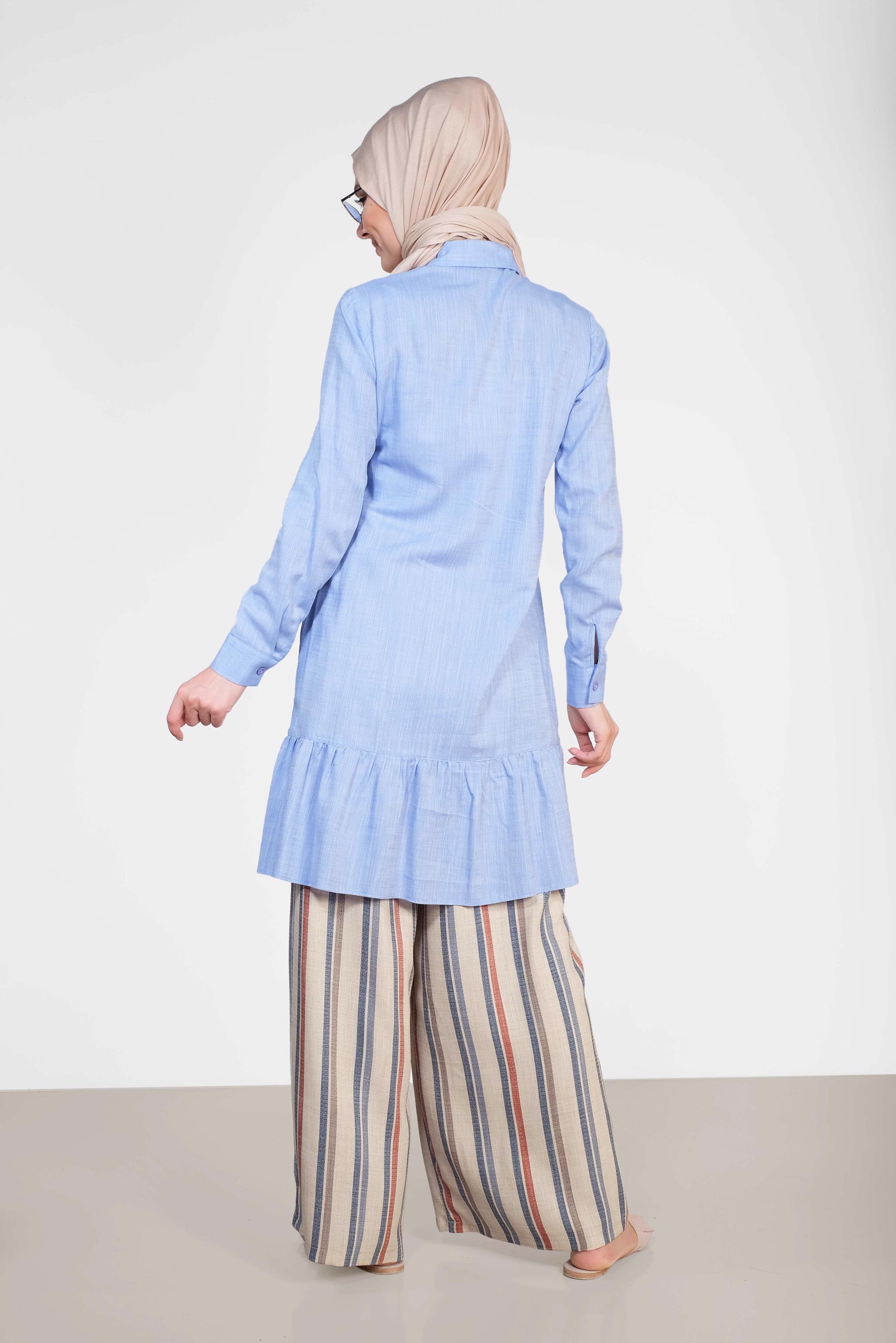 Tesettür giyim MAVİ ETEK UCU VOLANLI PAMUKLU TUNİK 4148