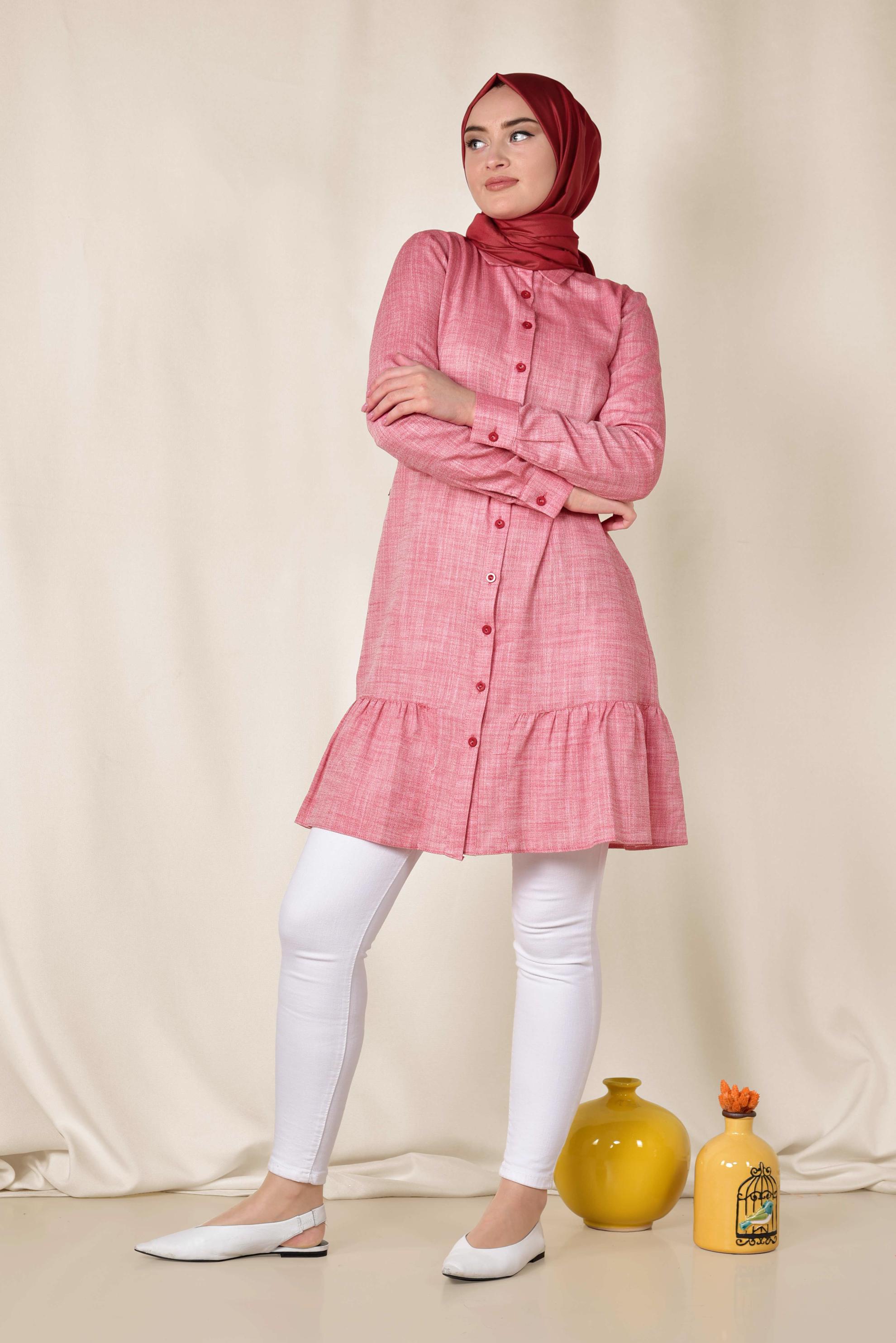 Tesettür giyim KIRMIZI ETEK UCU VOLANLI PAMUKLU TUNİK 4148