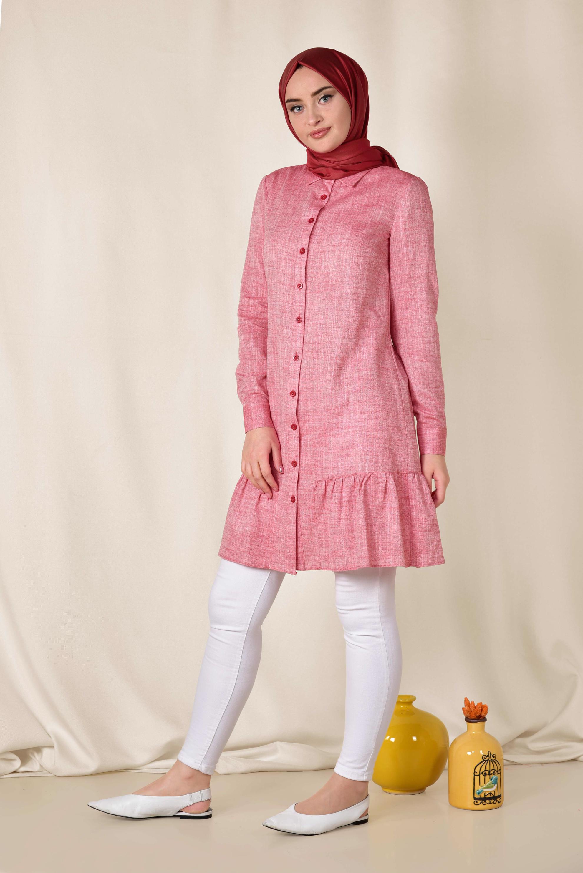 Tesettür giyim KIRMIZI ETEK UCU VOLANLI PAMUKLU TUNİK 4148