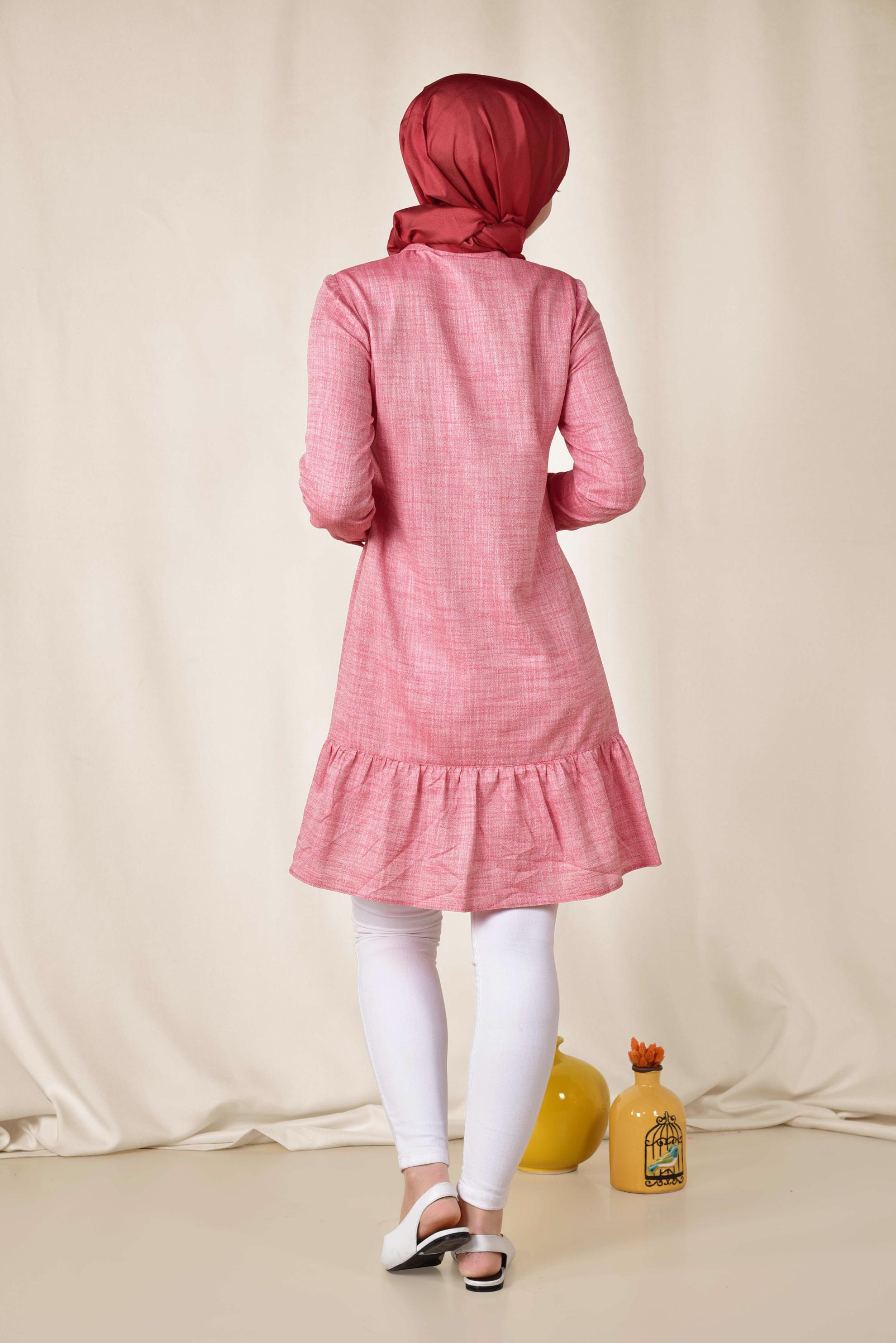 Tesettür giyim KIRMIZI ETEK UCU VOLANLI PAMUKLU TUNİK 4148