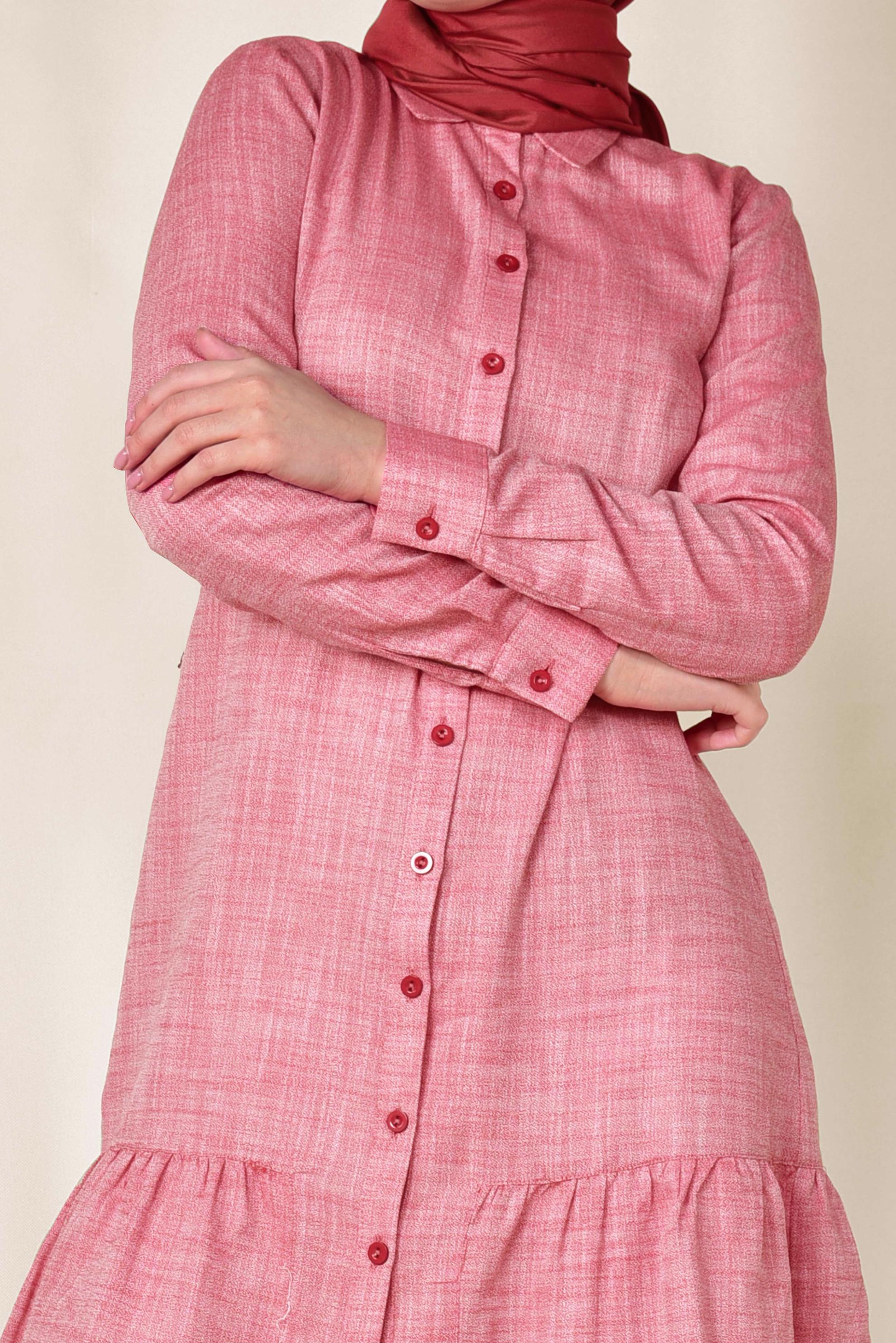 Tesettür giyim KIRMIZI ETEK UCU VOLANLI PAMUKLU TUNİK 4148