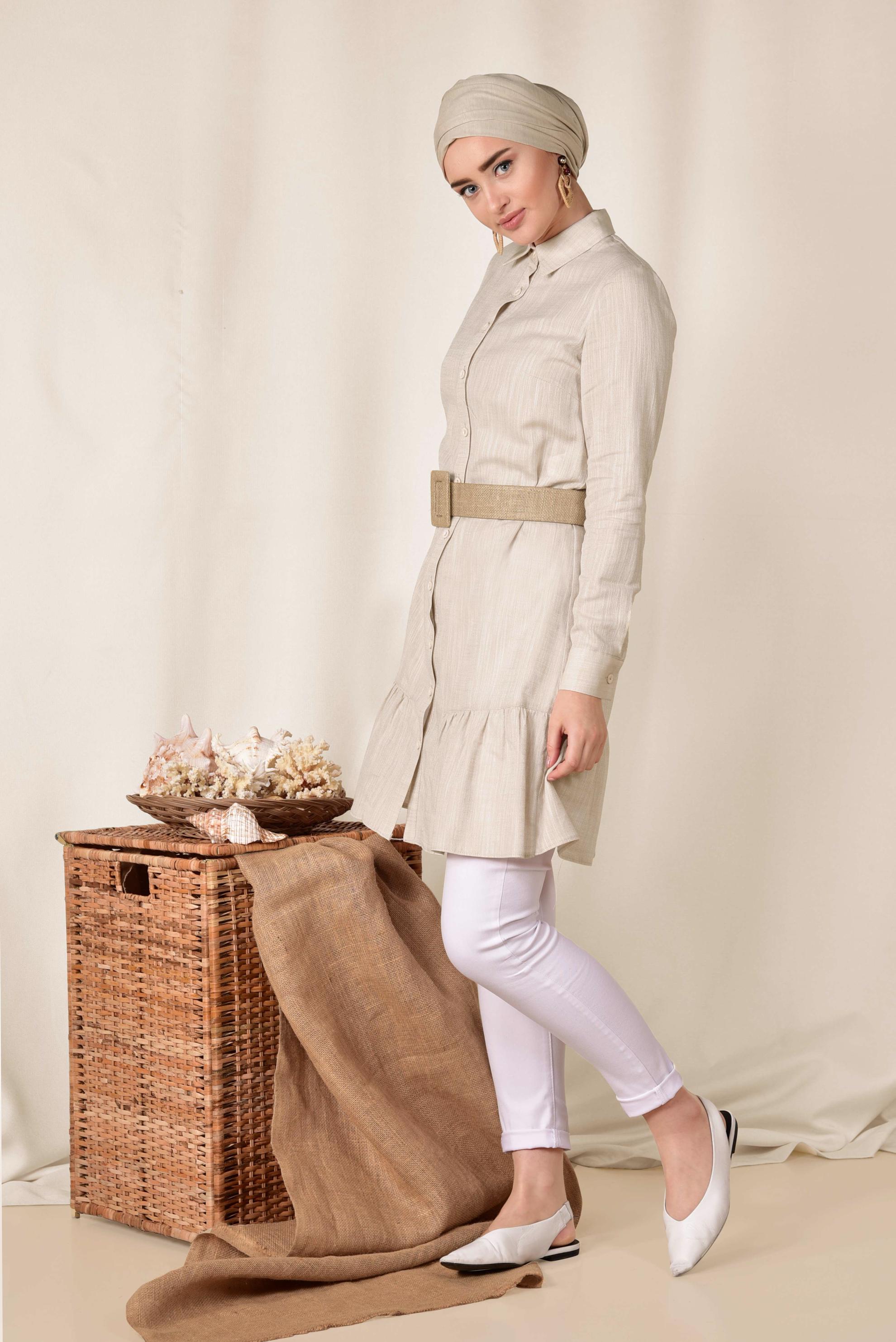 Tesettür giyim BEJ ETEK UCU VOLANLI PAMUKLU TUNİK 4148