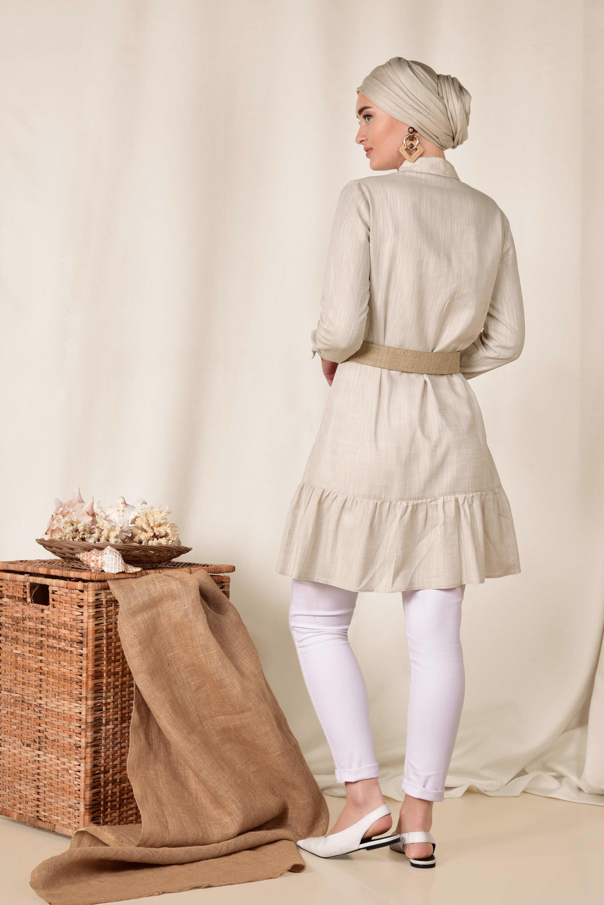 Tesettür giyim BEJ ETEK UCU VOLANLI PAMUKLU TUNİK 4148