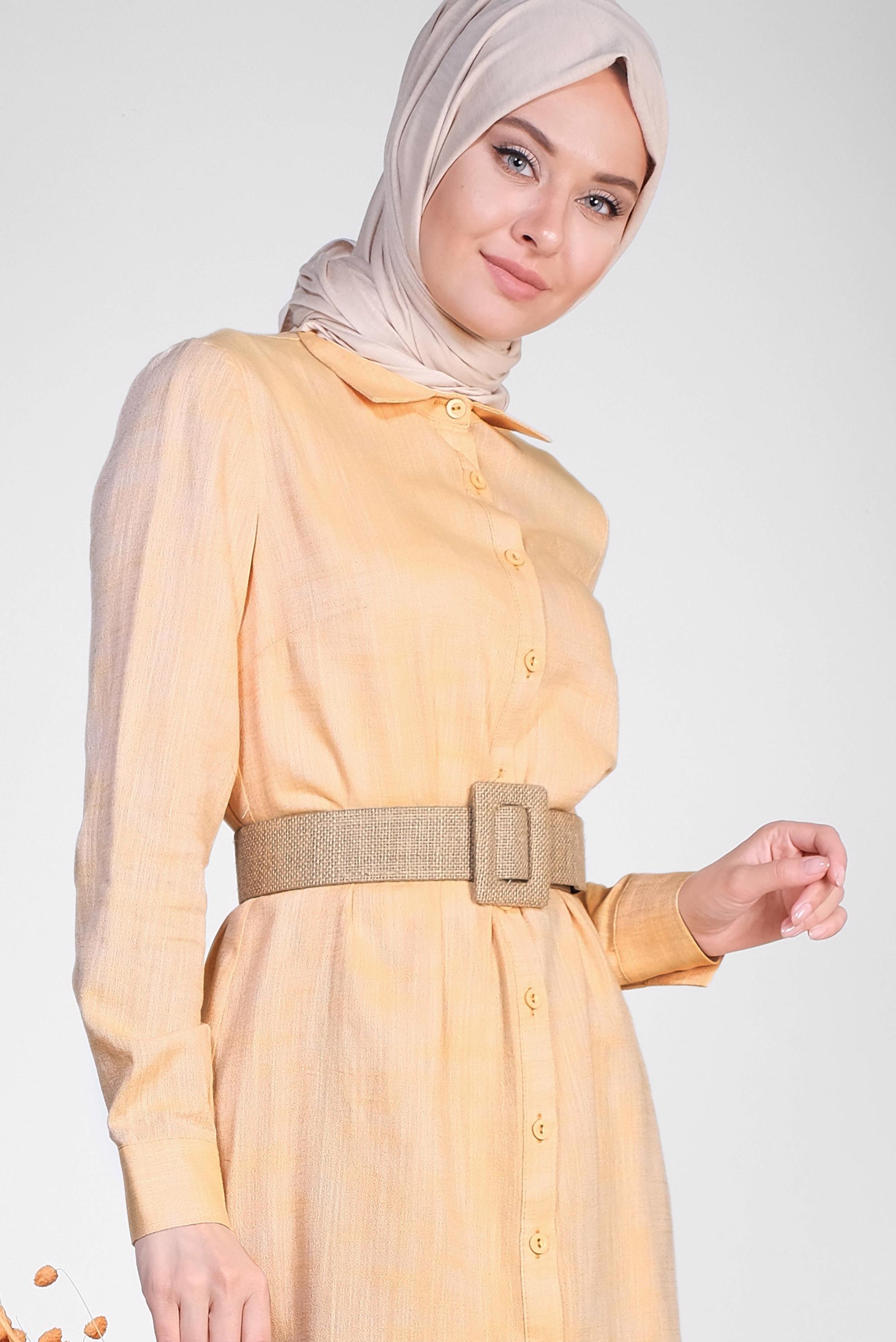 Tesettür giyim SARI ETEK UCU VOLANLI PAMUKLU TUNİK 4148