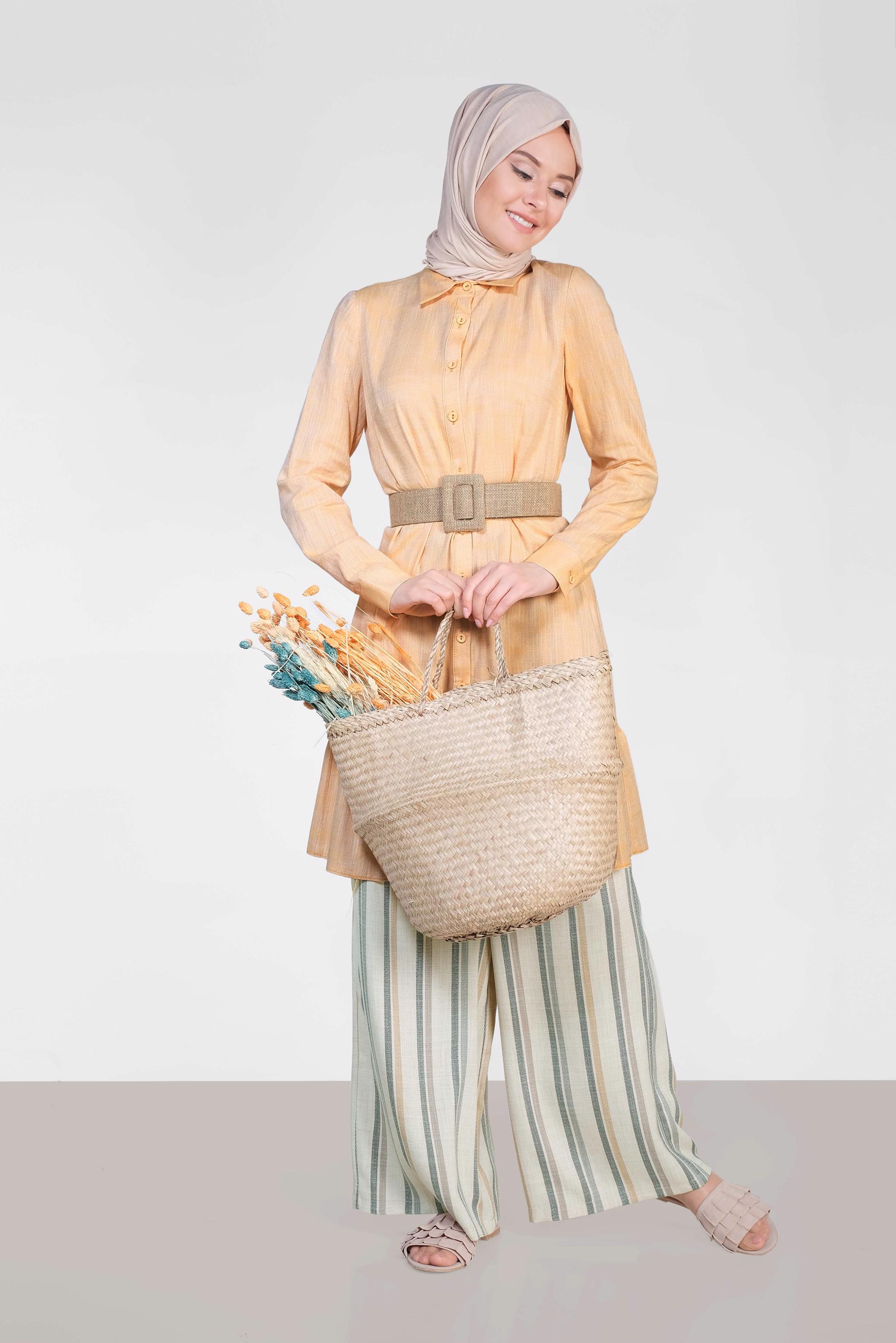 Tesettür giyim SARI ETEK UCU VOLANLI PAMUKLU TUNİK 4148