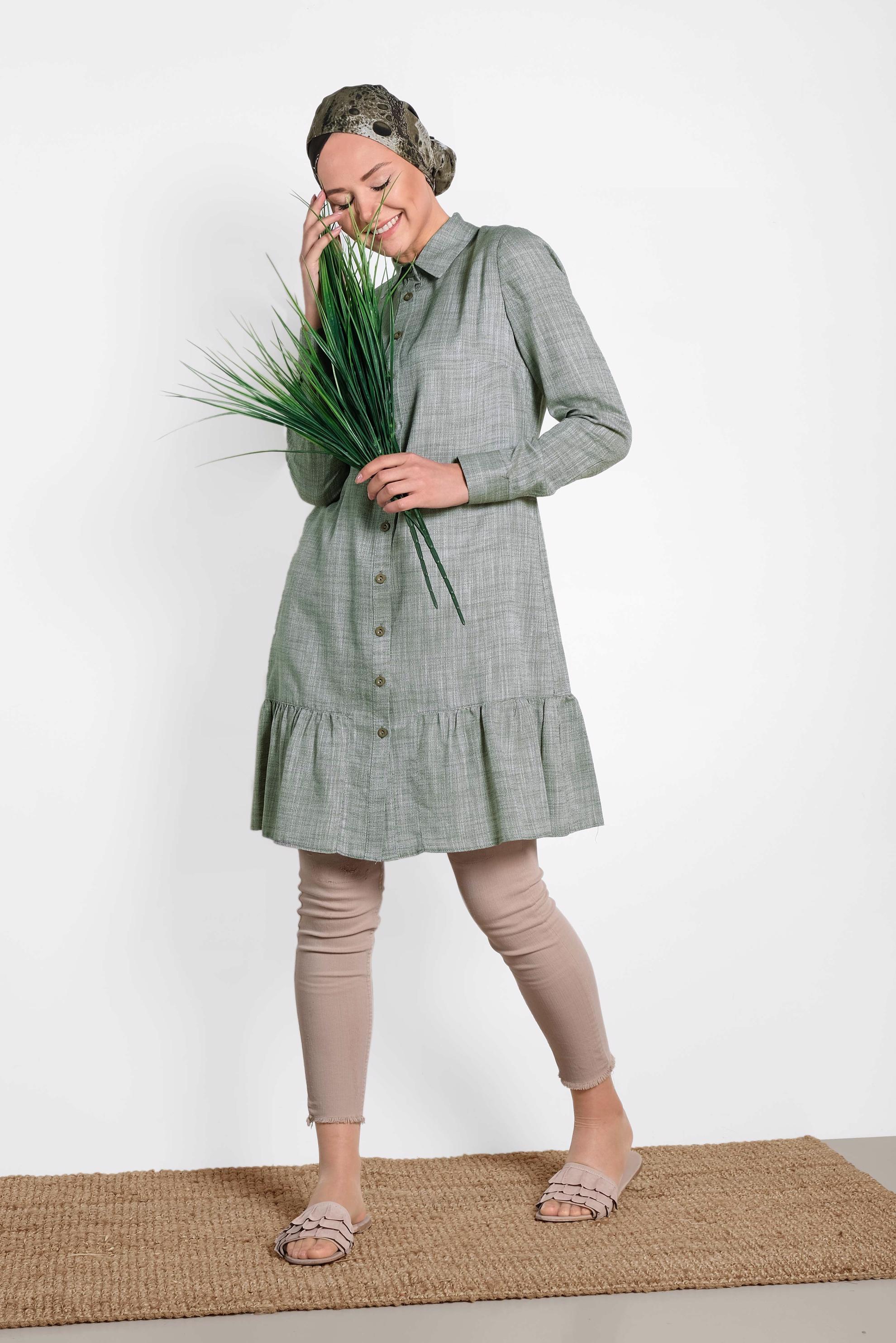 Tesettür giyim HAKİ ETEK UCU VOLANLI PAMUKLU TUNİK 4148