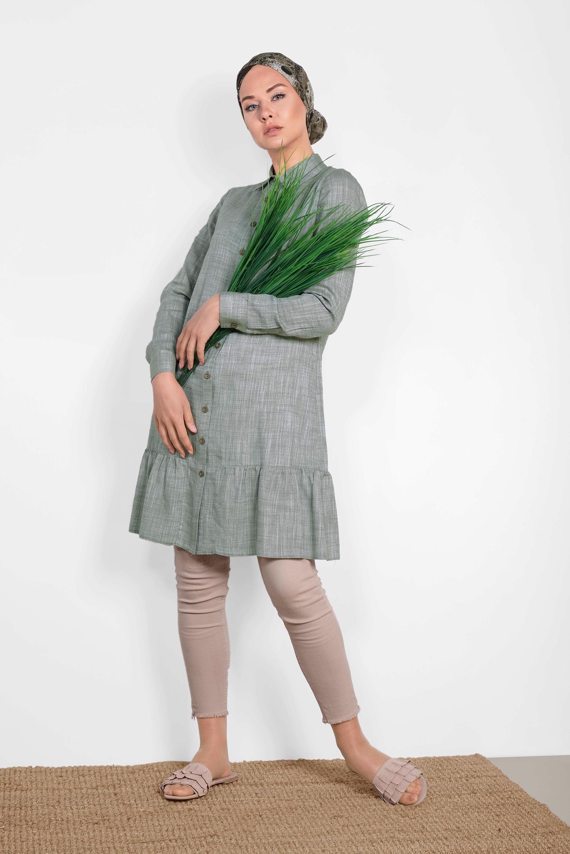 Tesettür giyim HAKİ ETEK UCU VOLANLI PAMUKLU TUNİK 4148