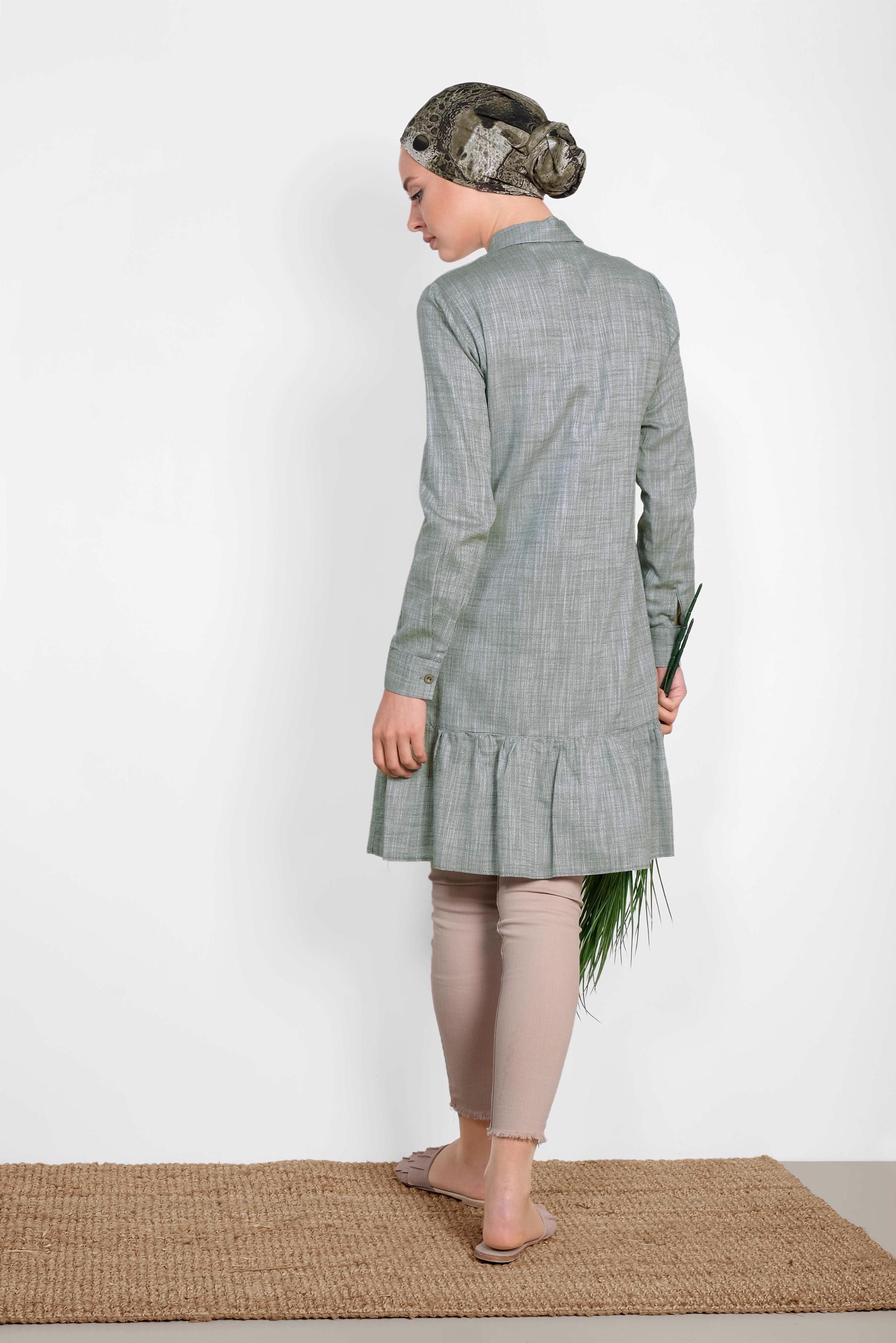 Tesettür giyim HAKİ ETEK UCU VOLANLI PAMUKLU TUNİK 4148