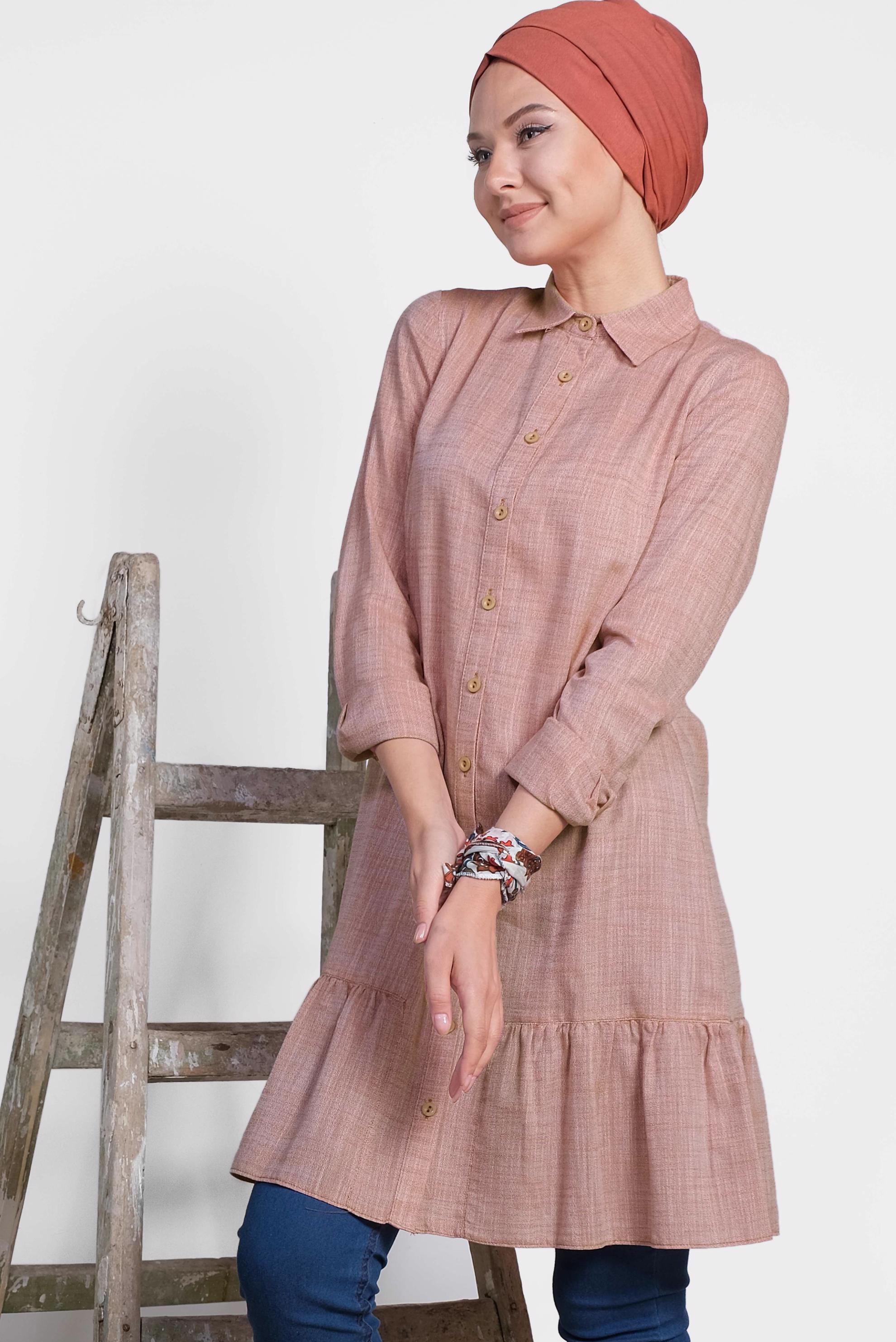 Tesettür giyim TURUNCU ETEK UCU VOLANLI PAMUKLU TUNİK 4148