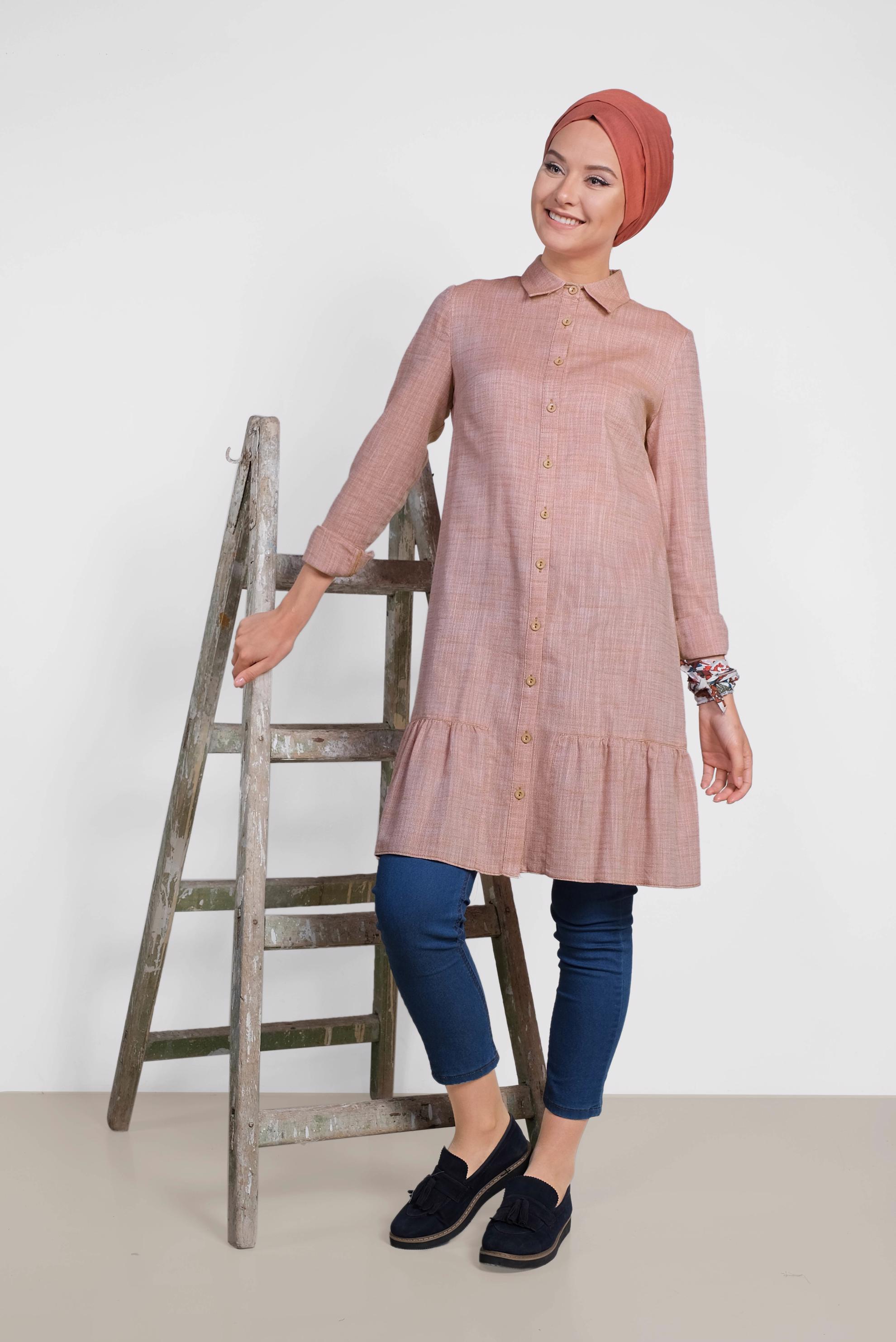 Tesettür giyim TURUNCU ETEK UCU VOLANLI PAMUKLU TUNİK 4148