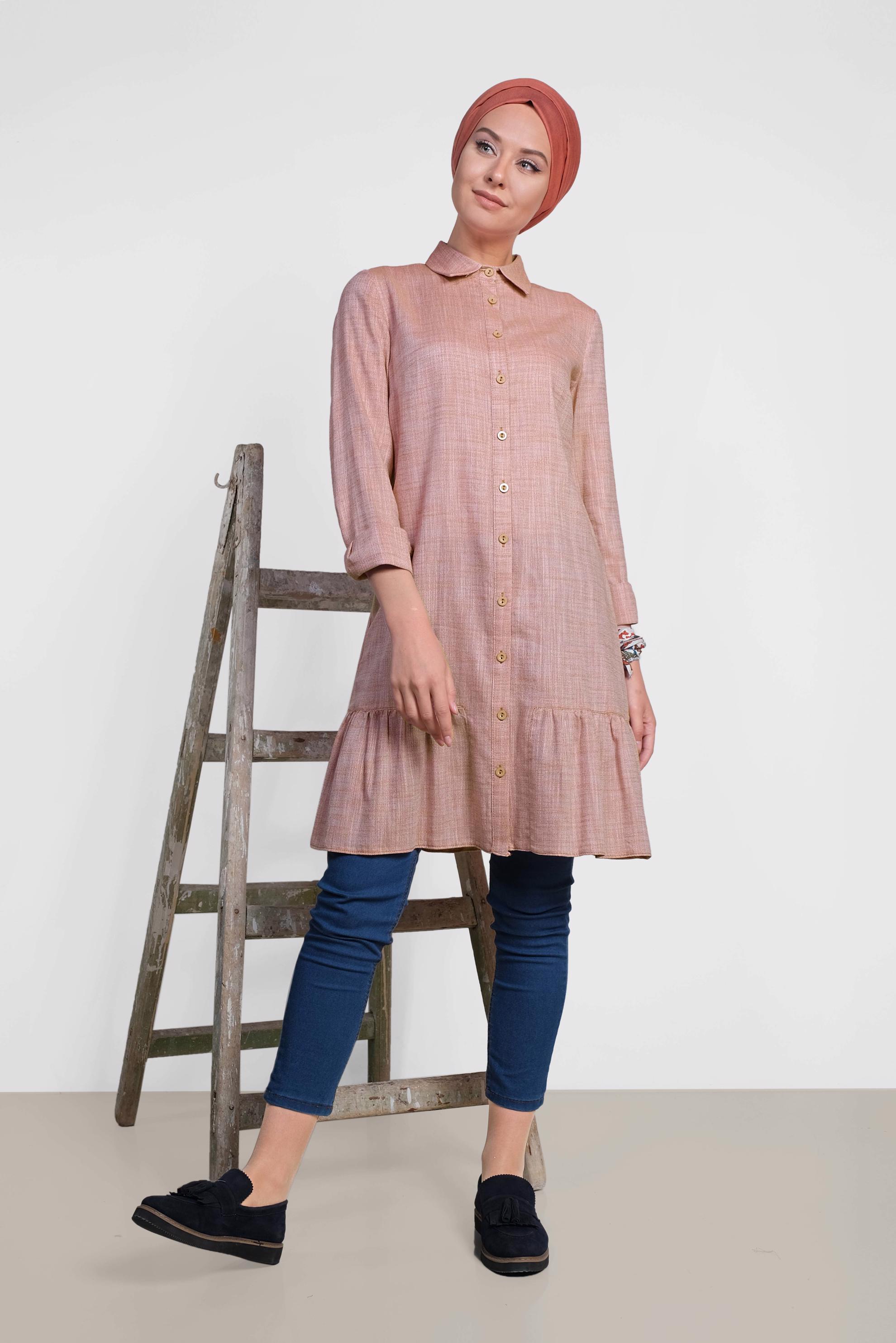 Tesettür giyim TURUNCU ETEK UCU VOLANLI PAMUKLU TUNİK 4148