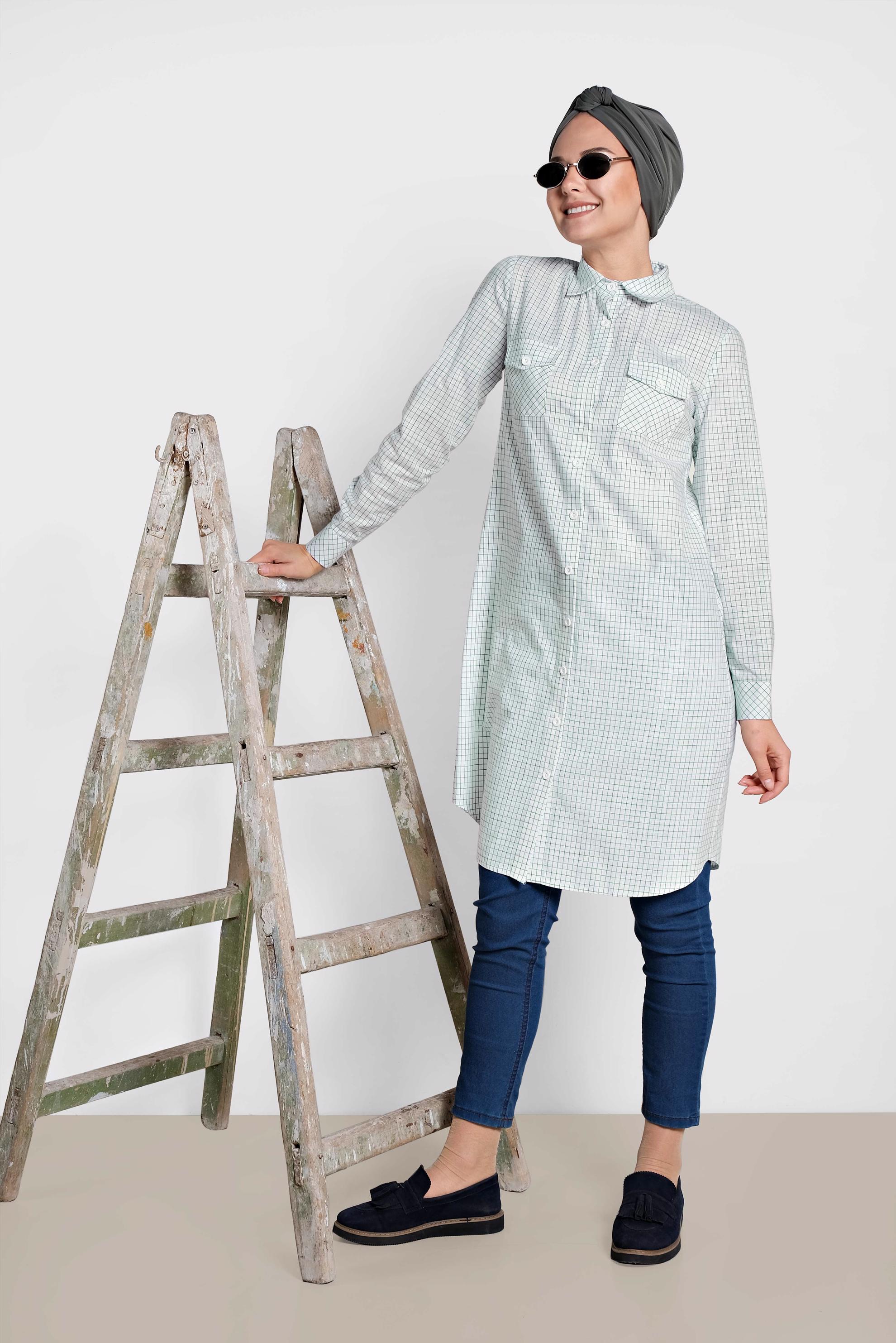 Tesettür giyim BEYAZ KARE DESENLİ PAMUKLU TUNİK 4149