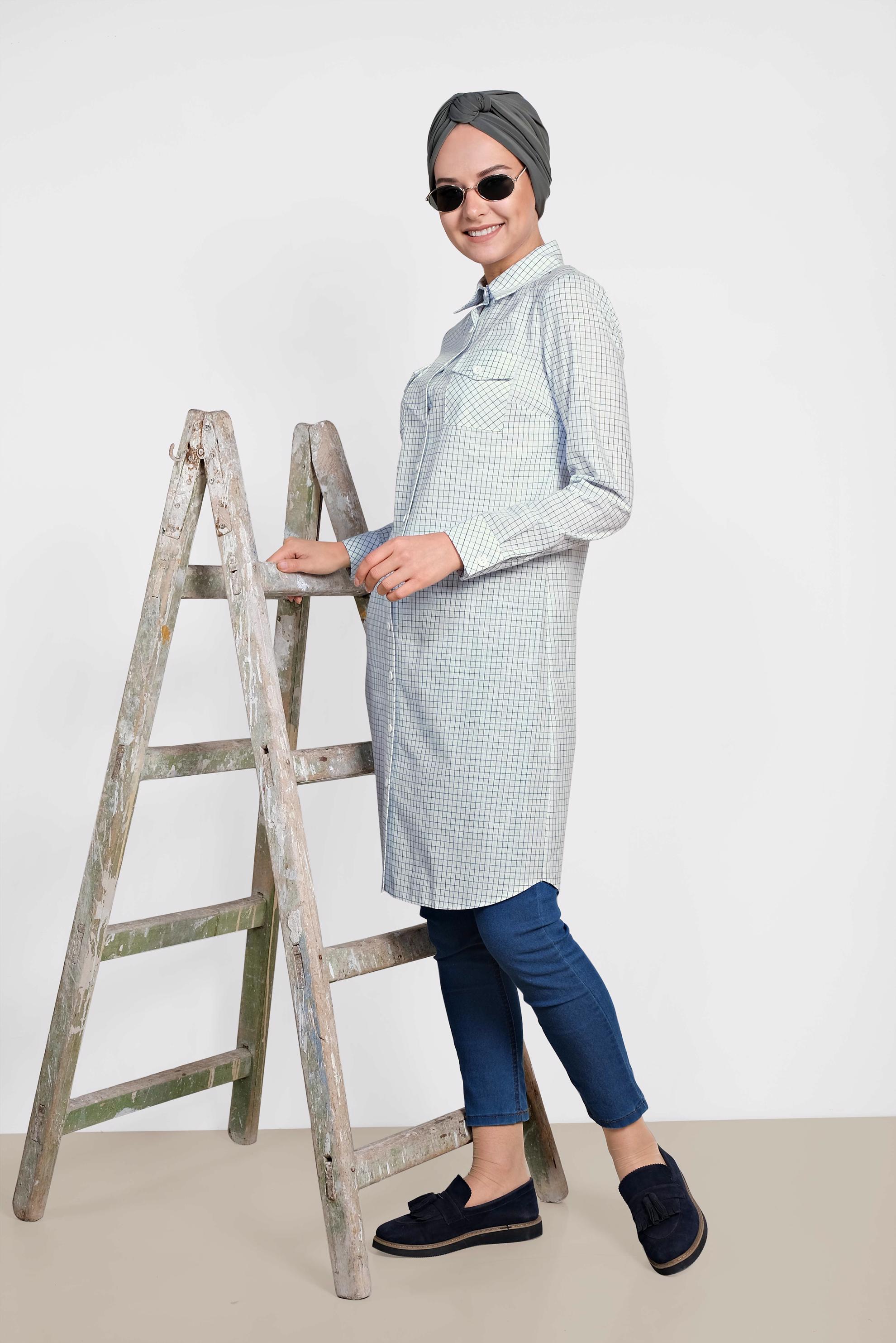 Tesettür giyim BEYAZ KARE DESENLİ PAMUKLU TUNİK 4149