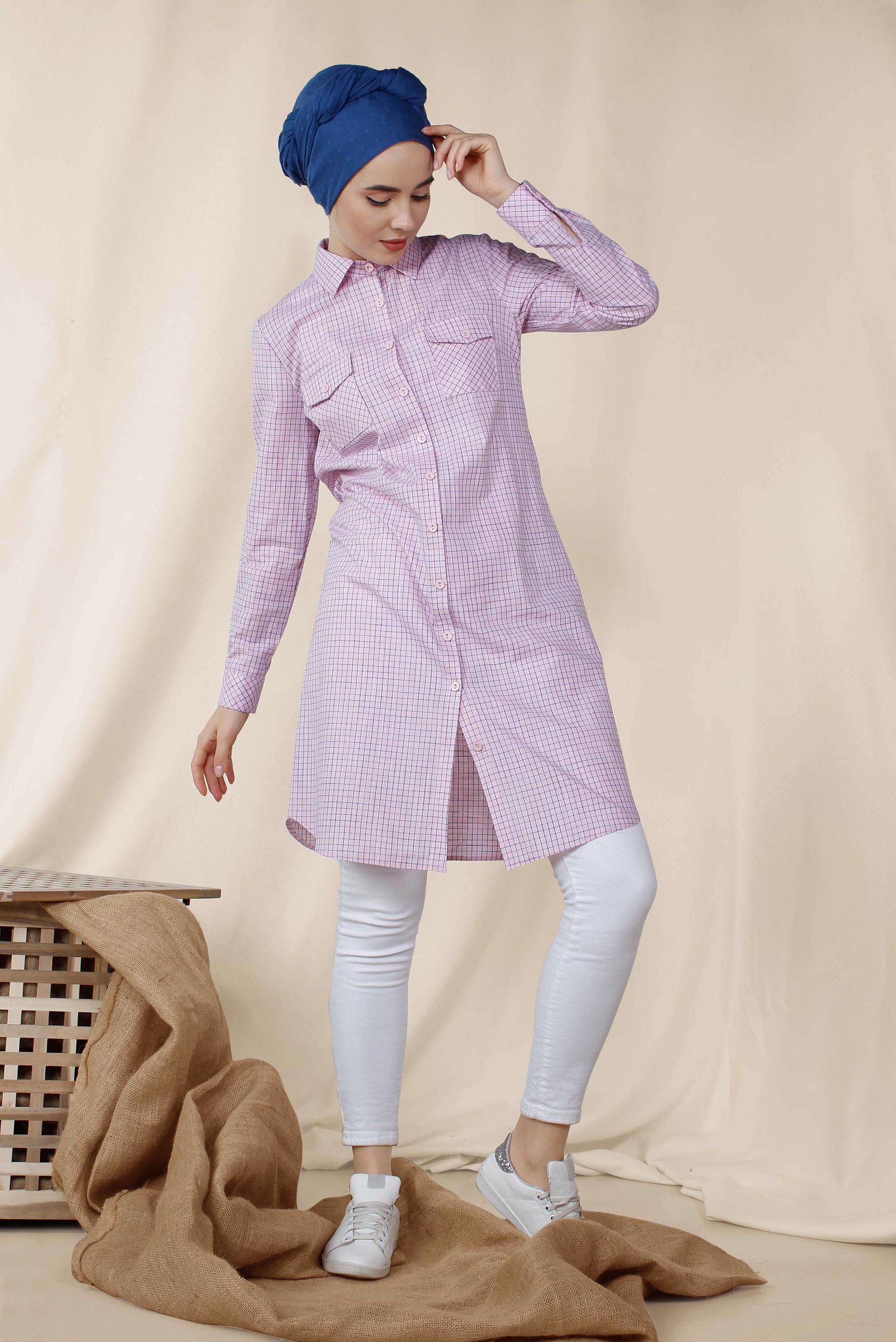 Tesettür giyim PEMBE KARE DESENLİ PAMUKLU TUNİK 4149