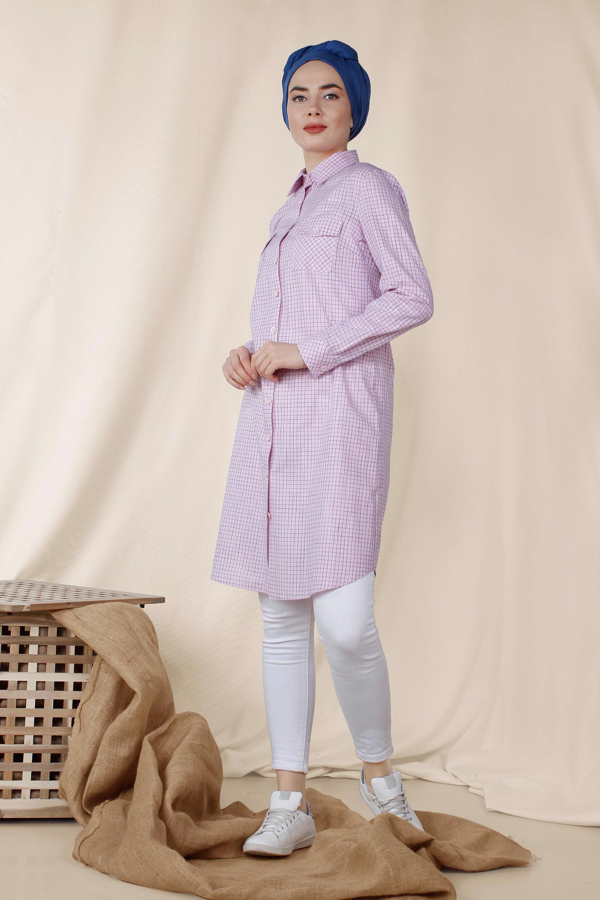 Tesettür giyim PEMBE KARE DESENLİ PAMUKLU TUNİK 4149