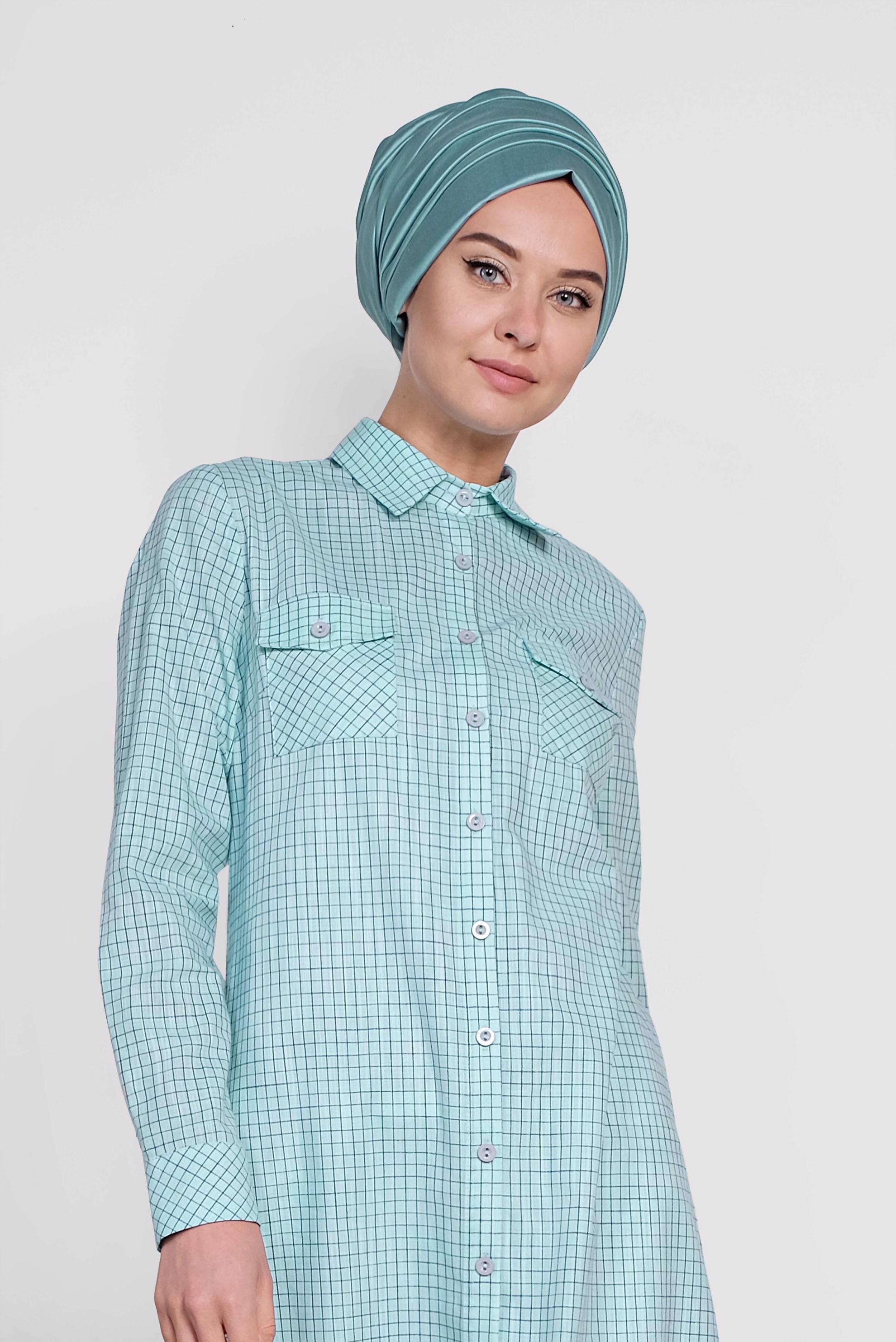 Tesettür giyim YEŞİL KARE DESENLİ PAMUKLU TUNİK 4149