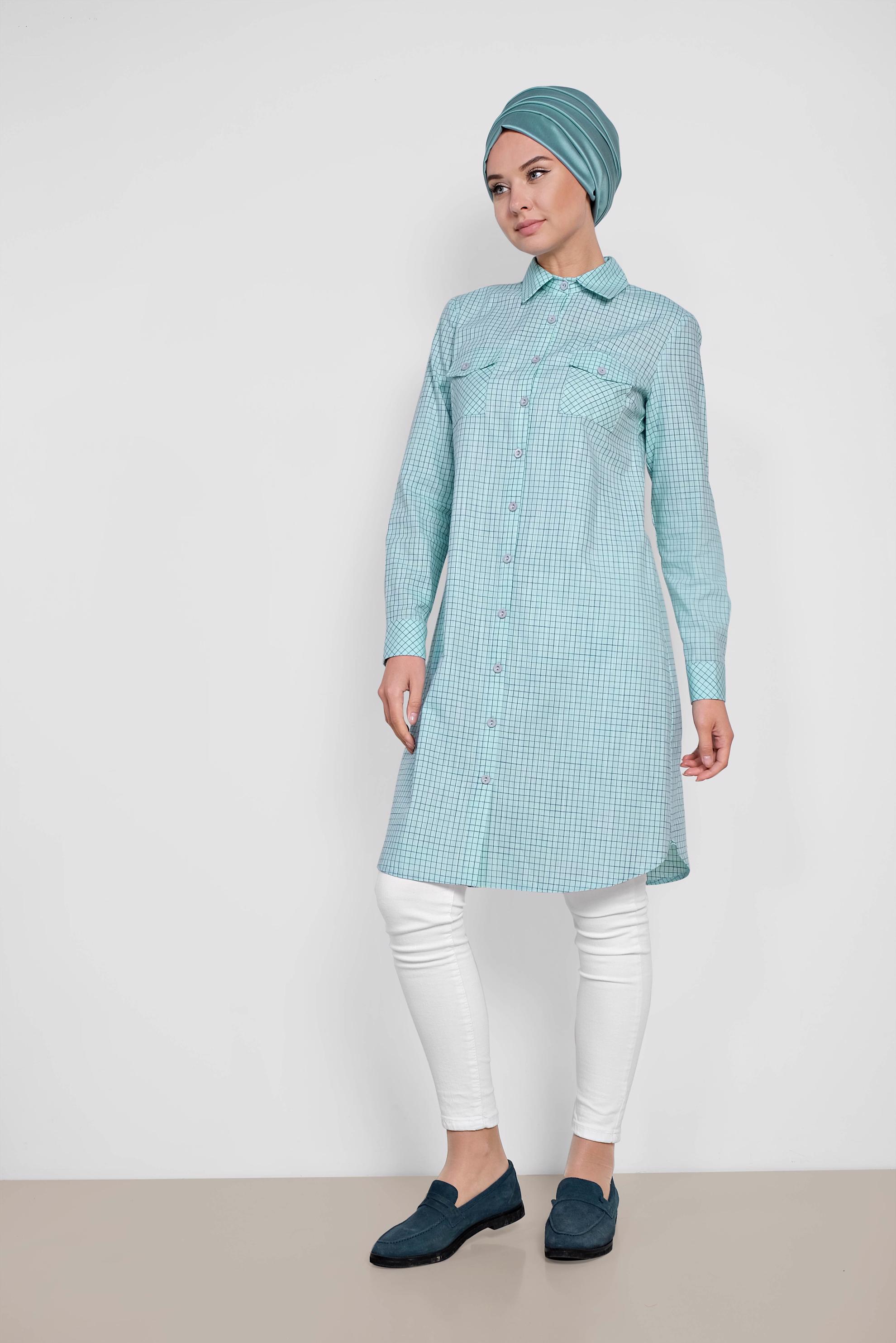 Tesettür giyim YEŞİL KARE DESENLİ PAMUKLU TUNİK 4149