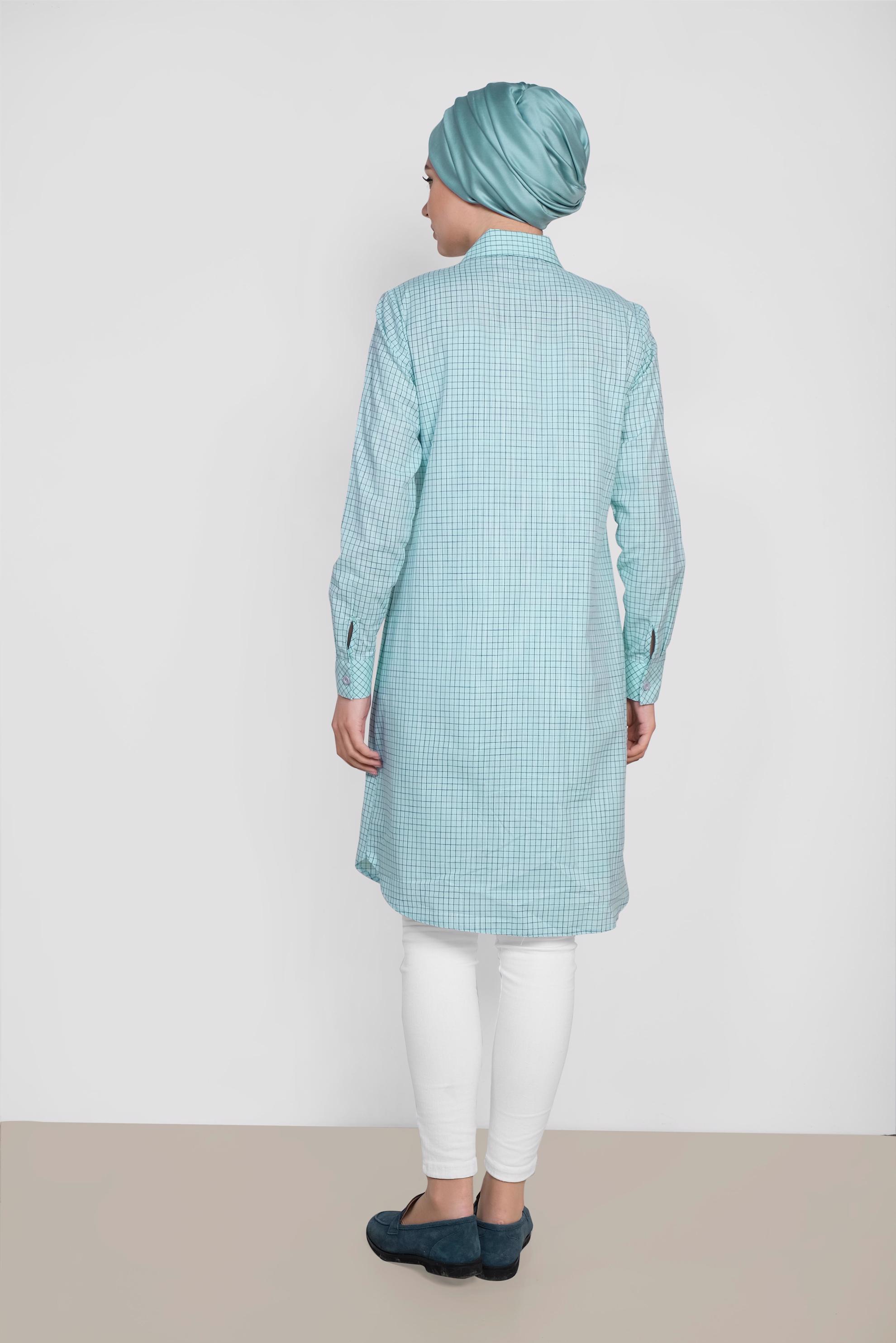 Tesettür giyim YEŞİL KARE DESENLİ PAMUKLU TUNİK 4149