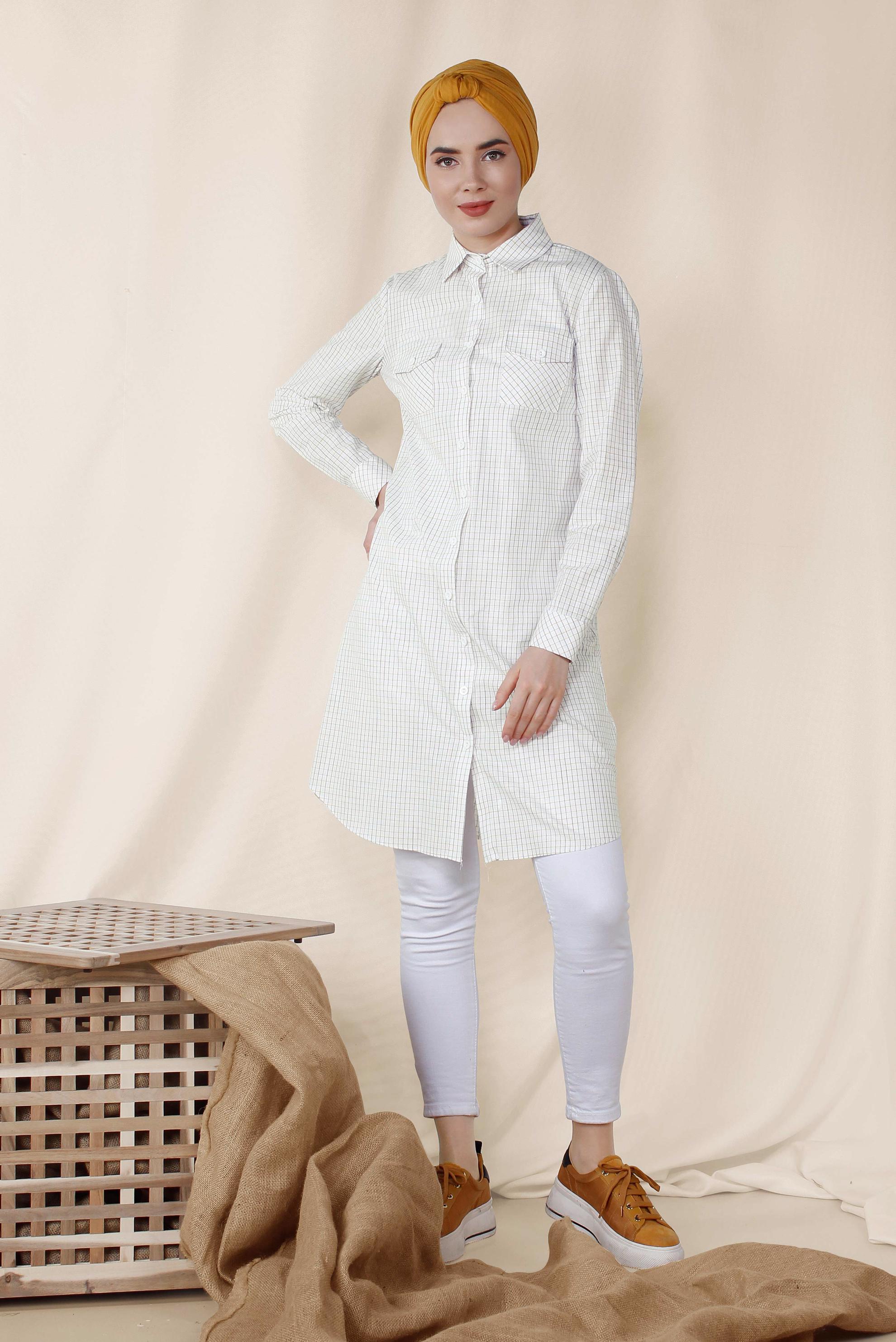 Tesettür giyim BEYAZ KARE DESENLİ PAMUKLU TUNİK 4149